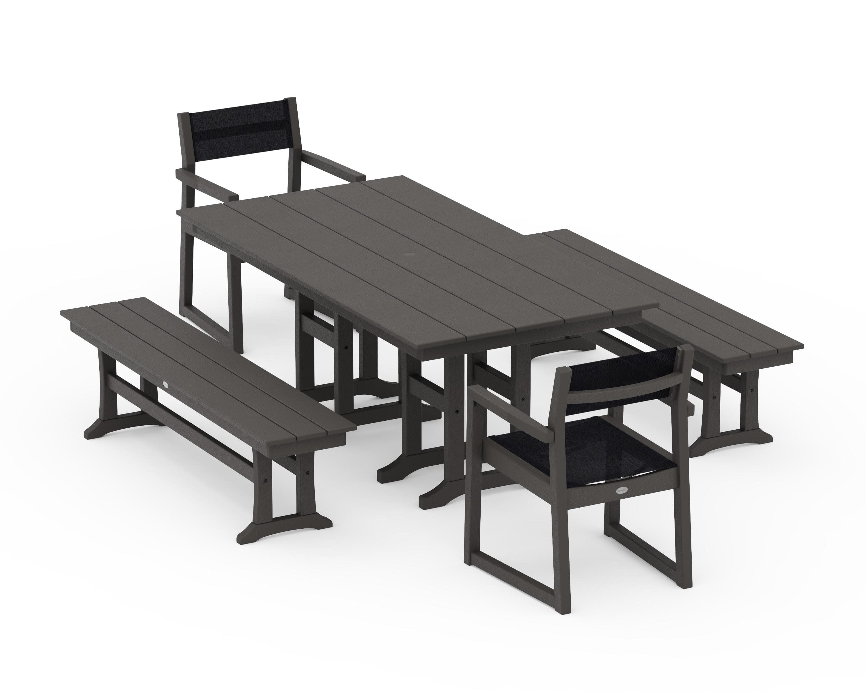 EDGE Sling Arm Chair 5-Piece Farmhouse Dining Set with Benches in Vintage Coffee / Black Sling
