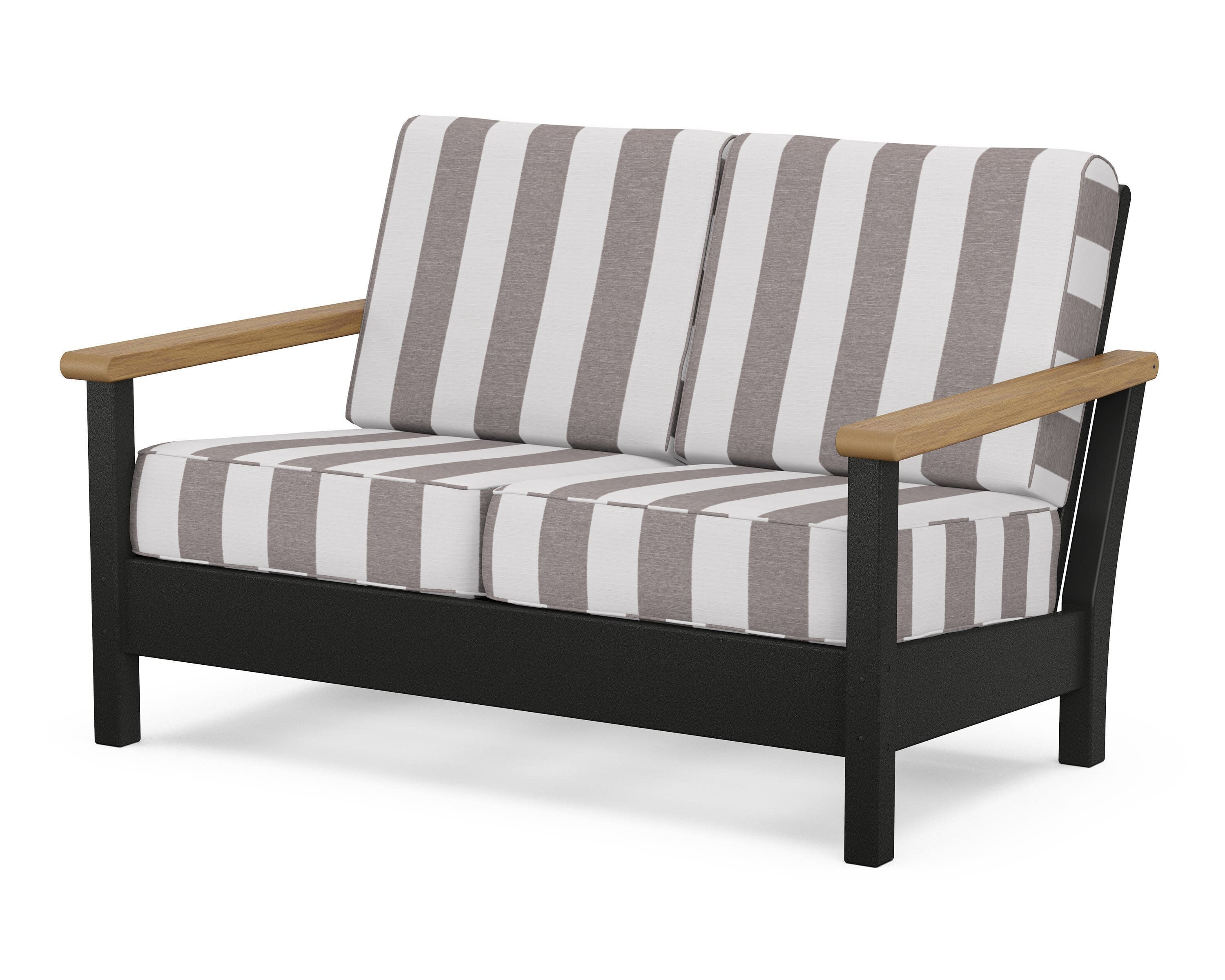 Harbour Deep Seating Loveseat in Black / Natural / Cabana Stripe Grey Mist