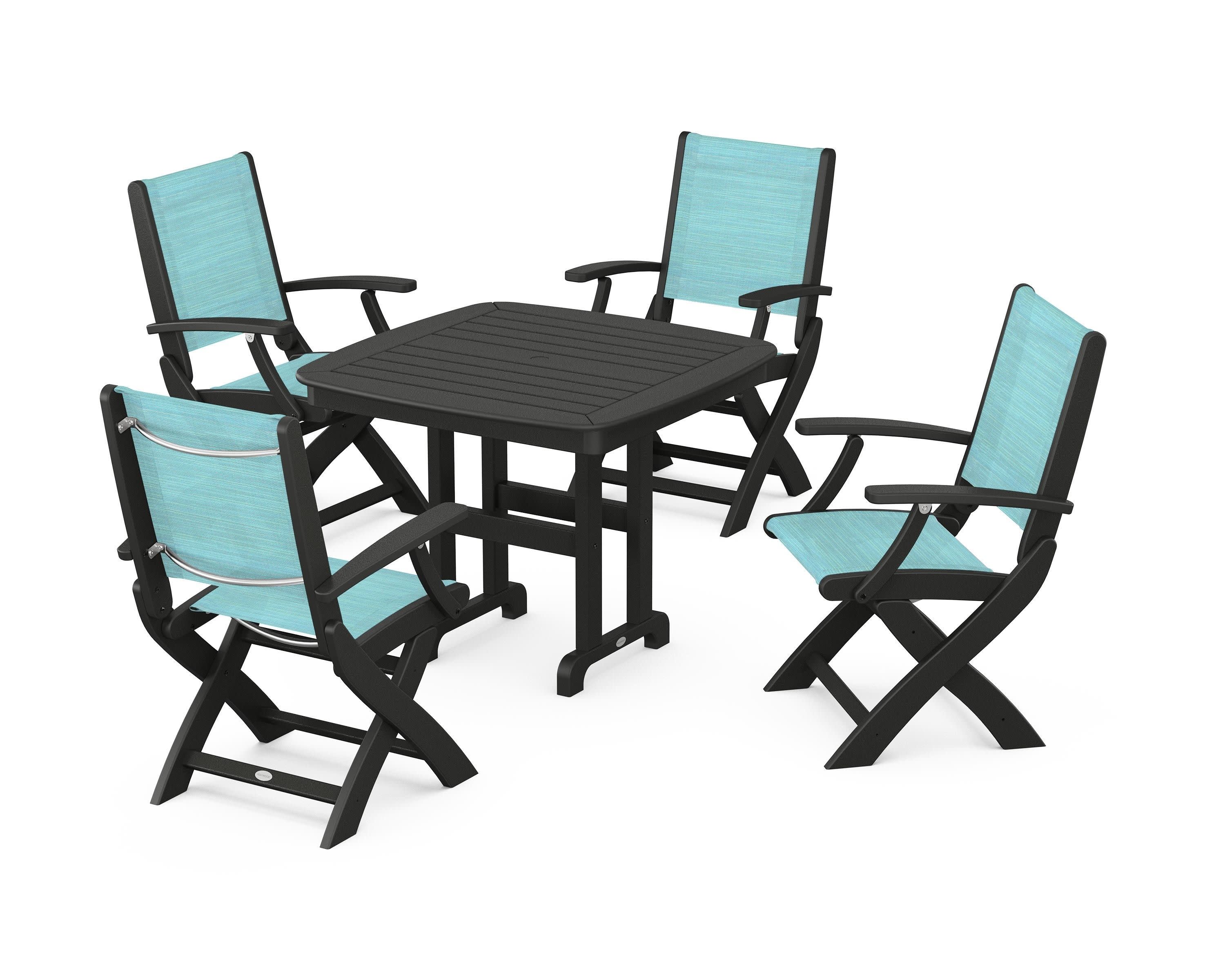 Coastal Folding Chair 5-Piece Dining Set in Black / Dupioni Aquamarine Sling