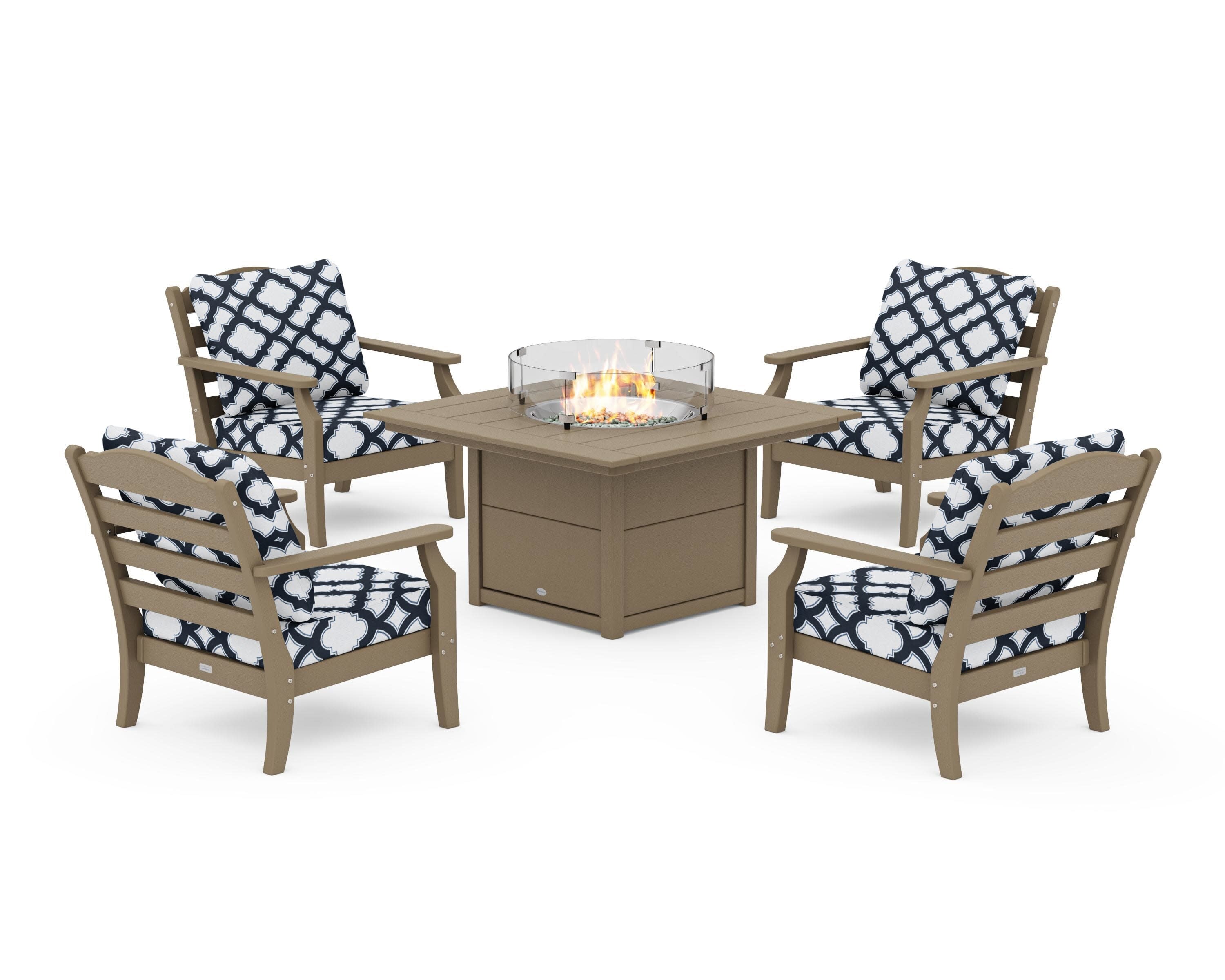 Savannah 5-Piece Deep Seating Set with Fire Pit Table in Vintage Sahara / Trellis Marine Indigo