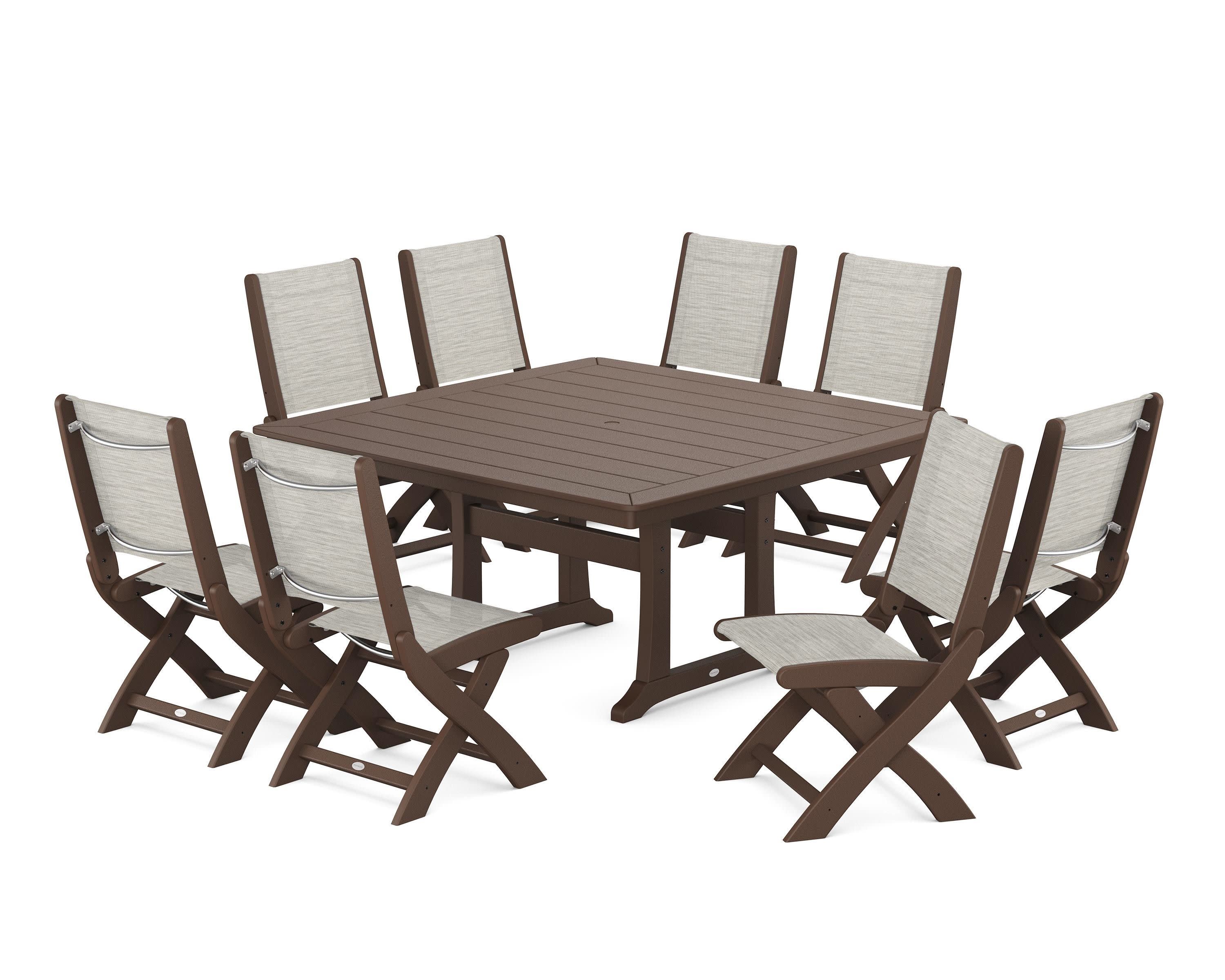 Coastal Folding Side Chair 9-Piece Dining Set with Trestle Legs in Mahogany / Birch Sling