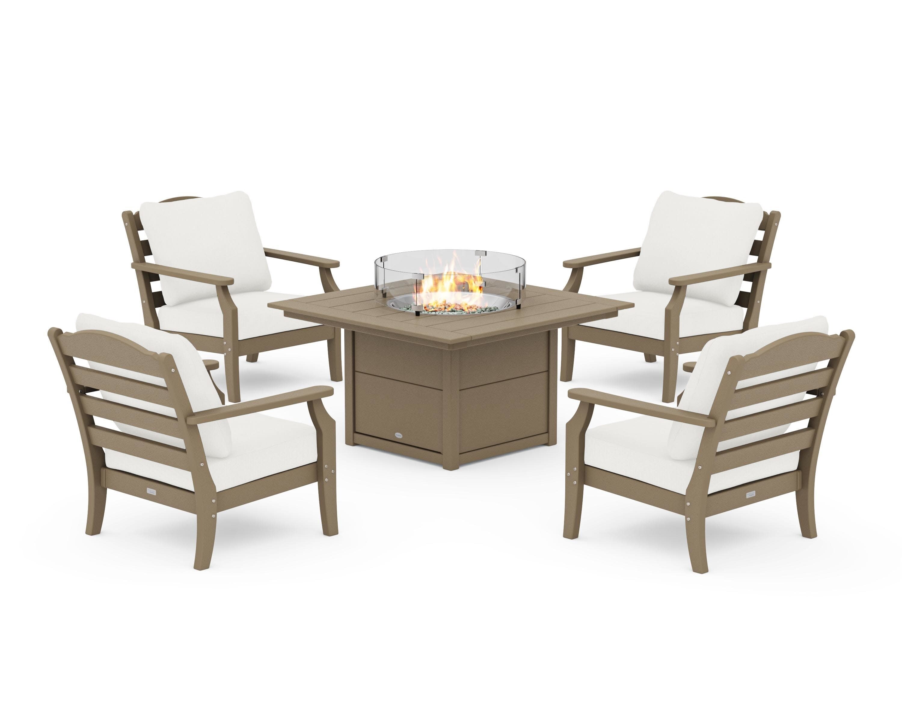 Savannah 5-Piece Deep Seating Set with Fire Pit Table in Vintage Sahara / Natural Linen