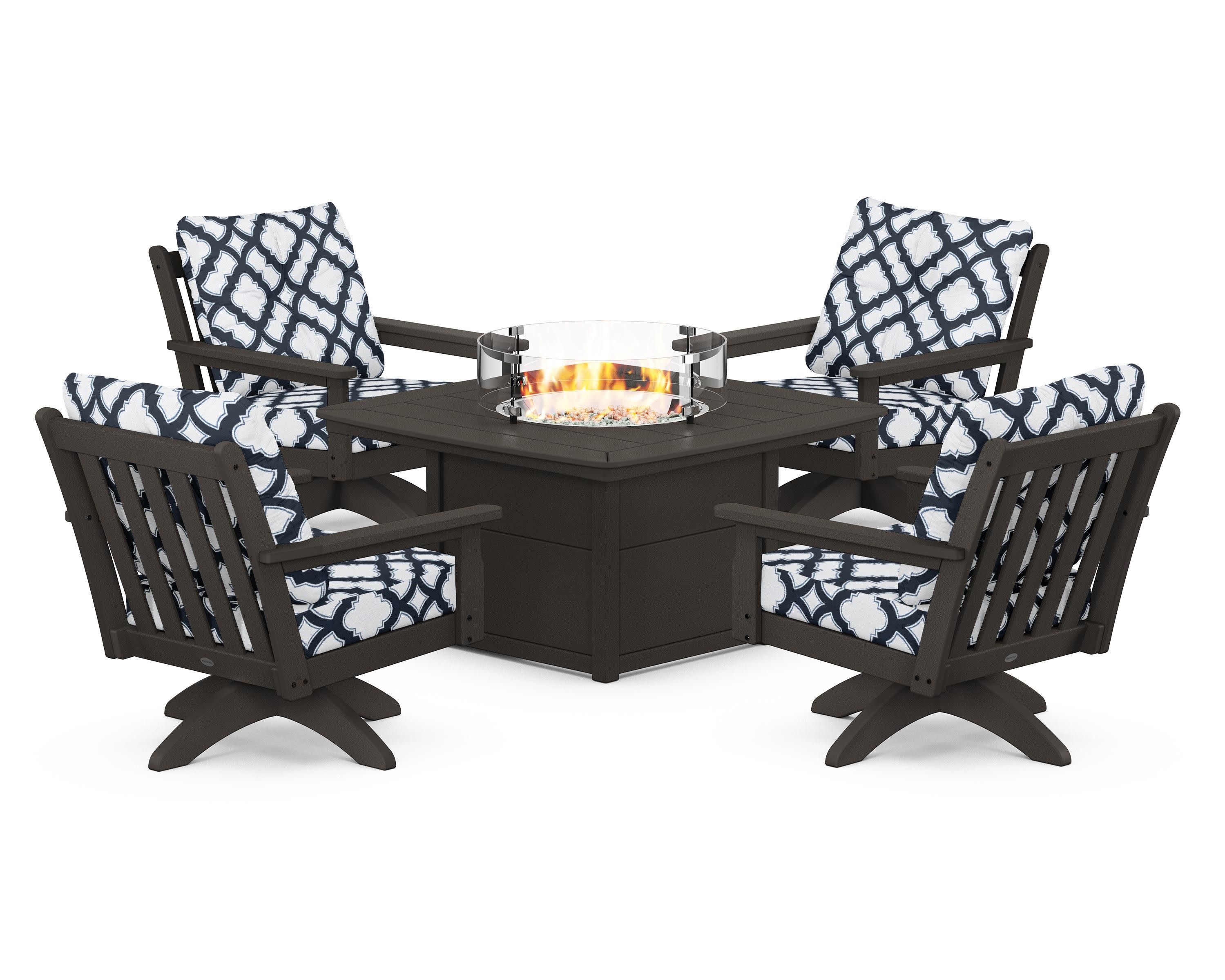 Vineyard 5-Piece Deep Seating Swivel Conversation Set with Fire Pit Table in Vintage Coffee / Trellis Marine Indigo