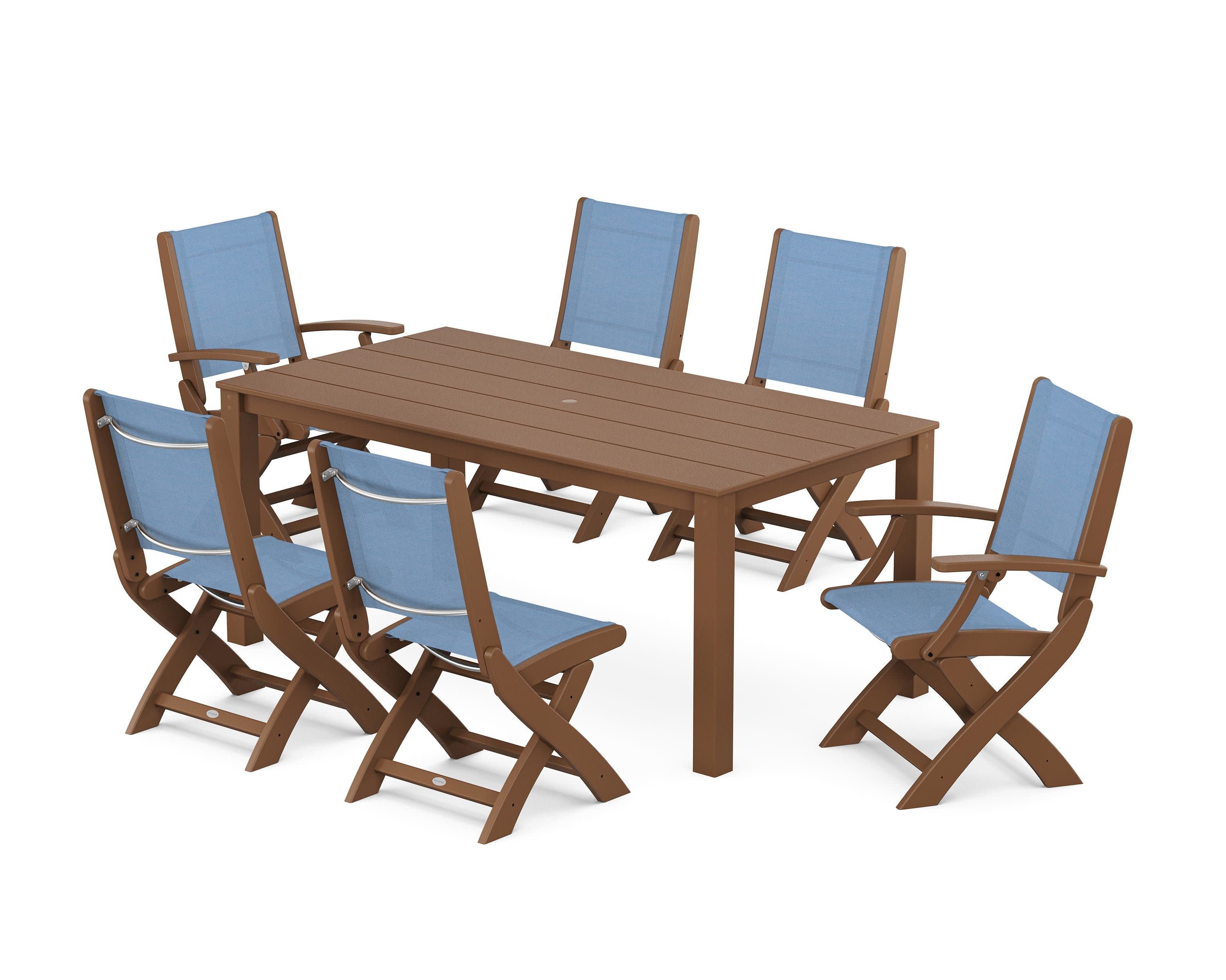 Coastal Folding Chair 7-Piece Parsons Dining Set in Teak / Poolside Sling