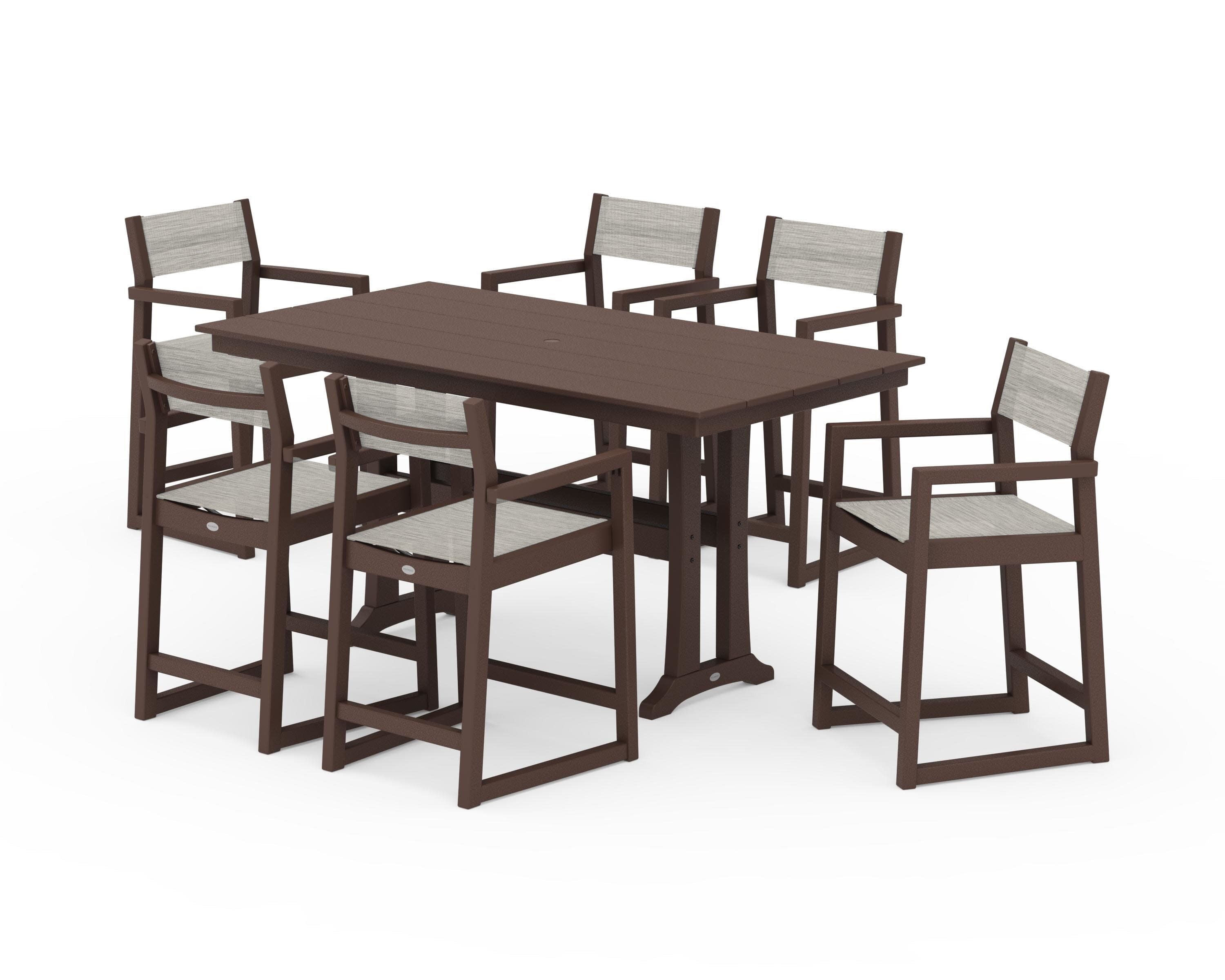 EDGE Sling Arm Chair 7-Piece Farmhouse Counter Set with Trestle Legs in Mahogany / Birch Sling
