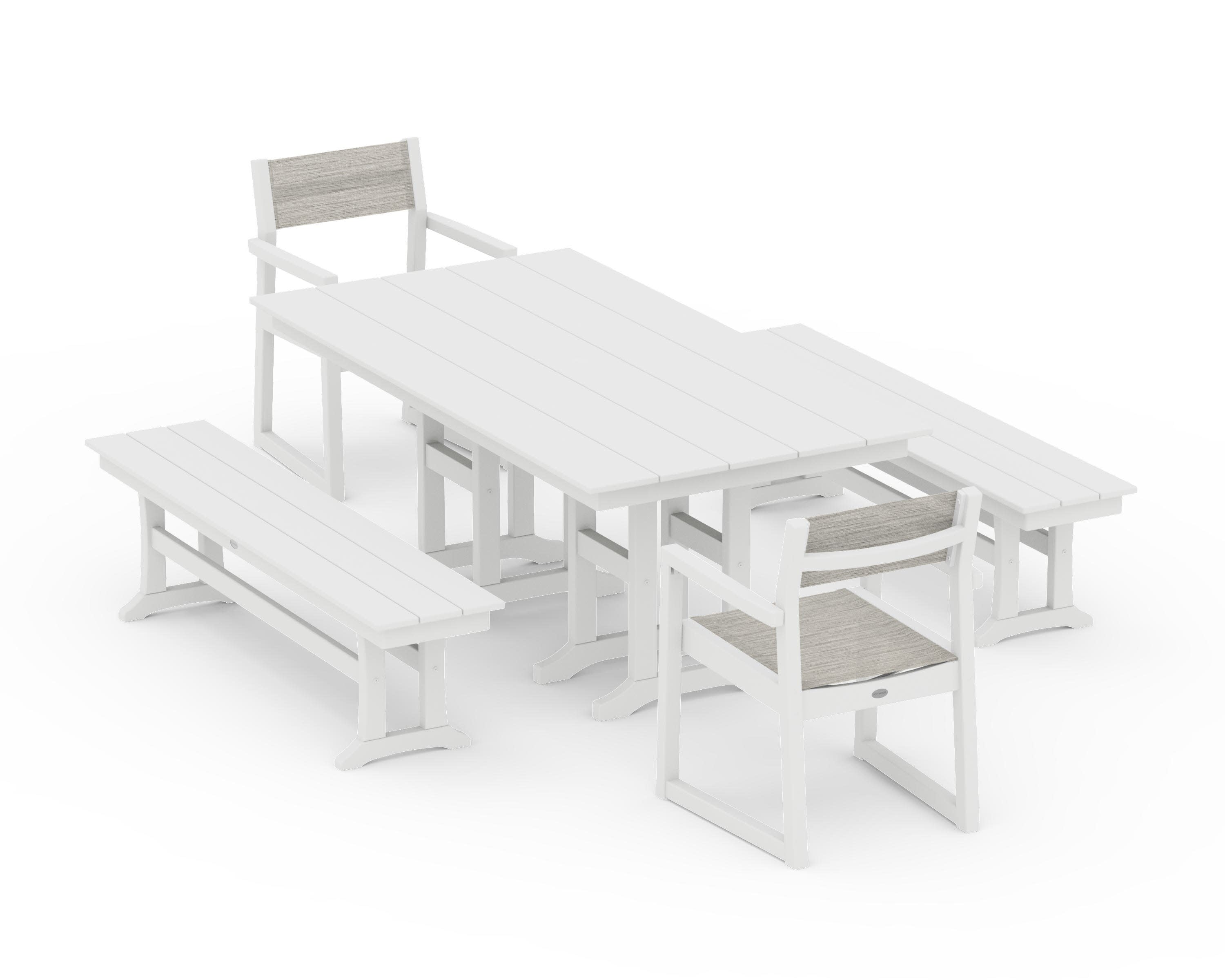 EDGE Sling Arm Chair 5-Piece Farmhouse Dining Set with Benches in White / Birch Sling