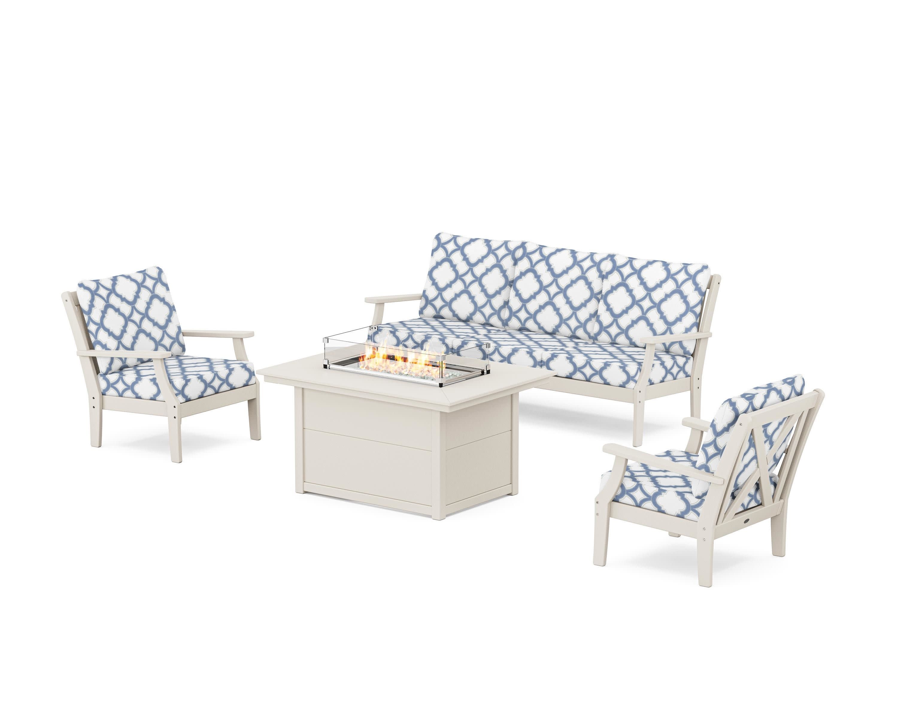 Braxton Deep Seating Fire Pit Table Set in Sand / Trellis Sky Blue