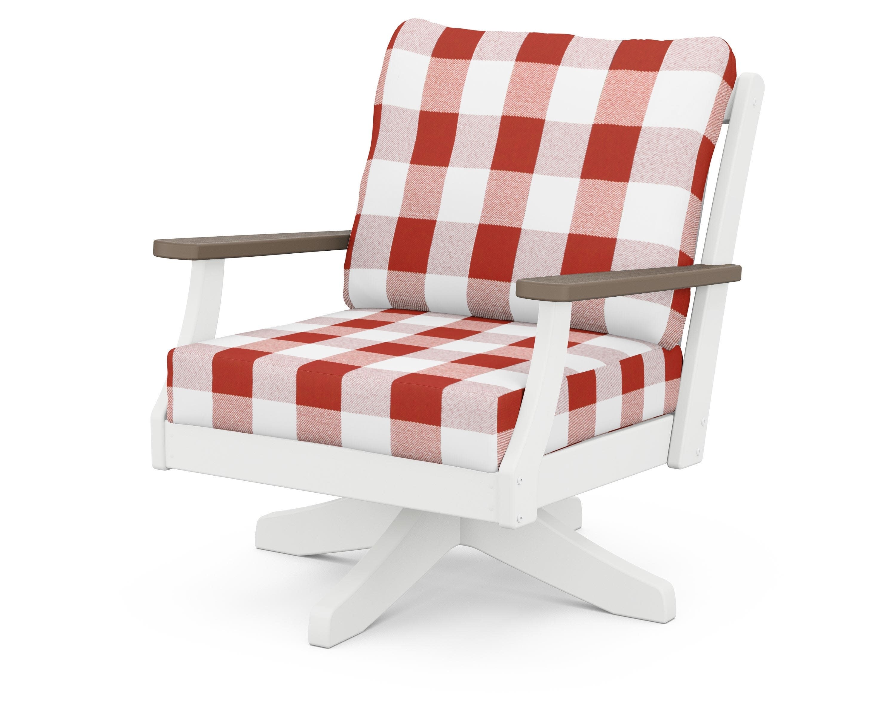 Braxton Deep Seating Swivel Chair in White / Kona / Buffalo Plaid Crimson