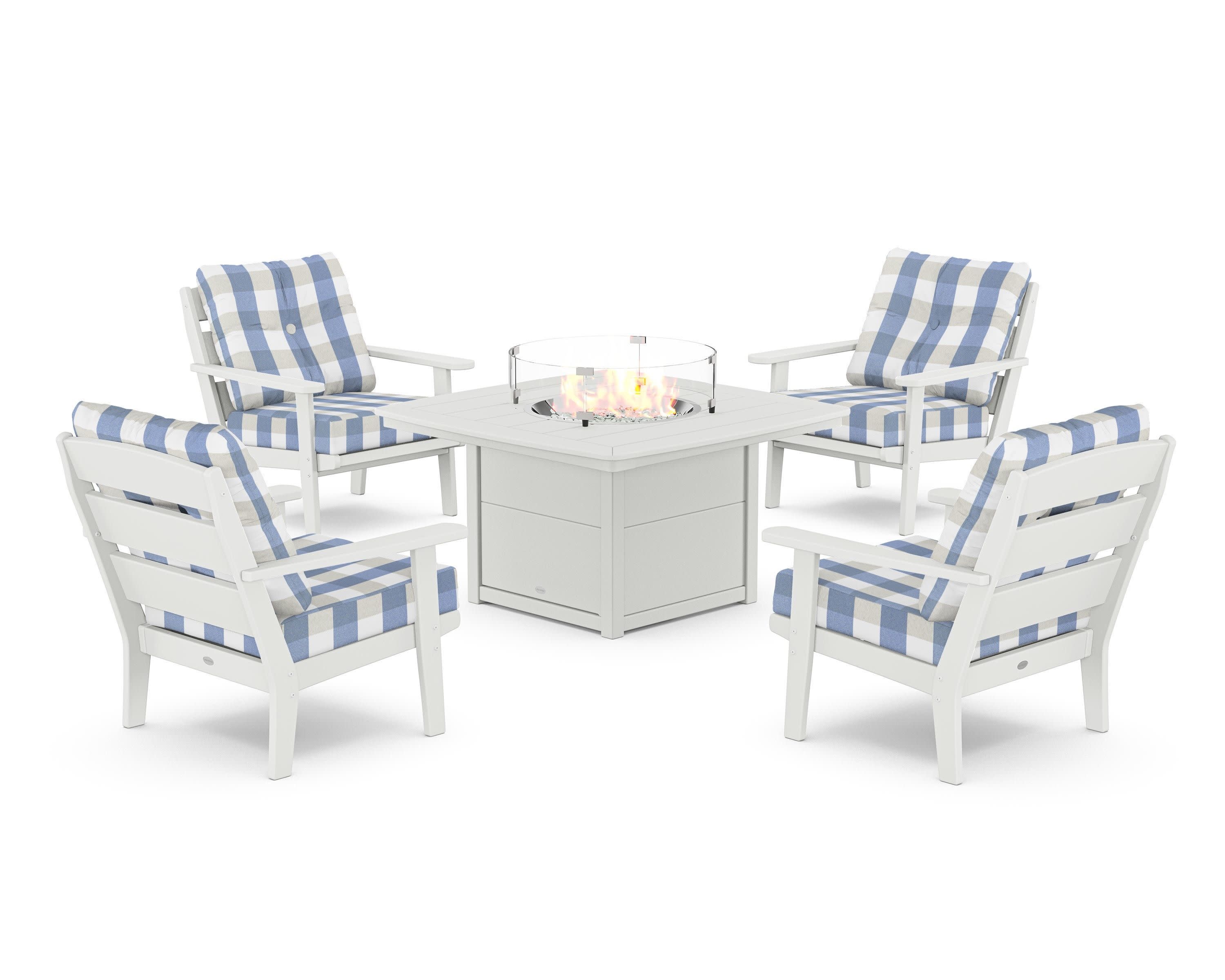 Lakeside 5-Piece Deep Seating Set with Nautical Fire Pit Table in White / Buffalo Plaid Sky Blue