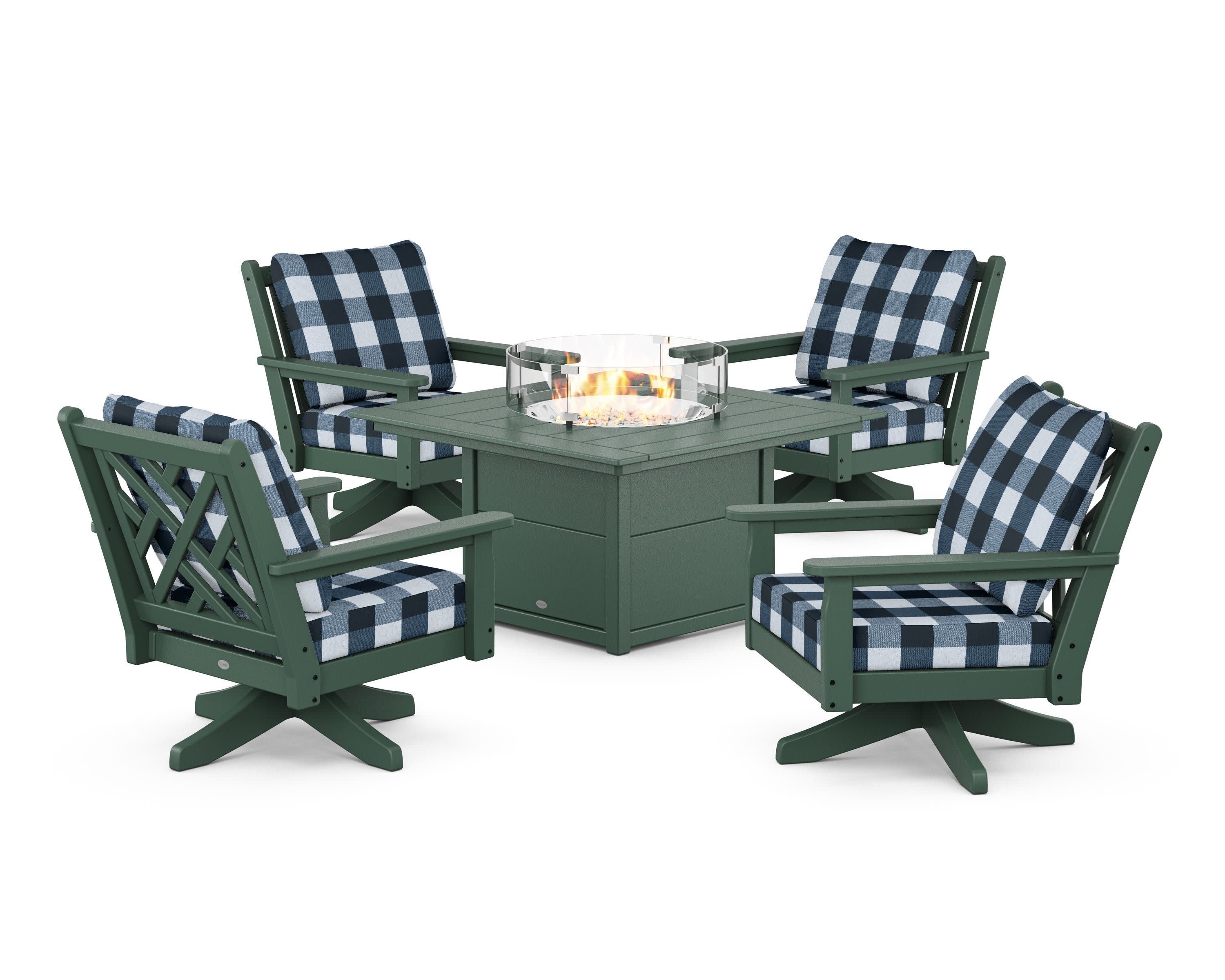 Chippendale 5-Piece Deep Seating Swivel Conversation Set with Fire Pit Table in Green / Buffalo Plaid Marine Indigo