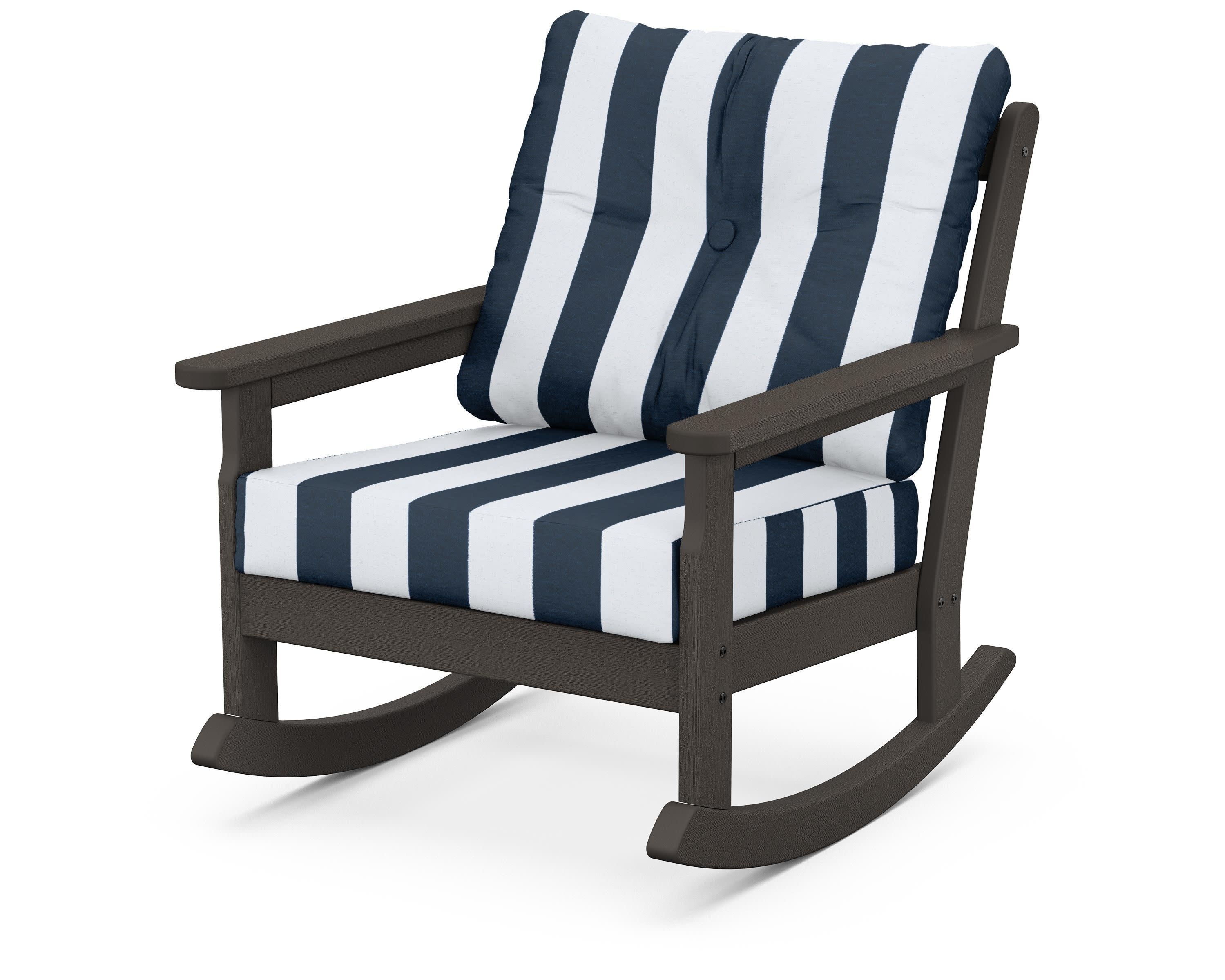 Vineyard Deep Seating Rocking Chair in Vintage Coffee / Cabana Stripe Marine Indigo