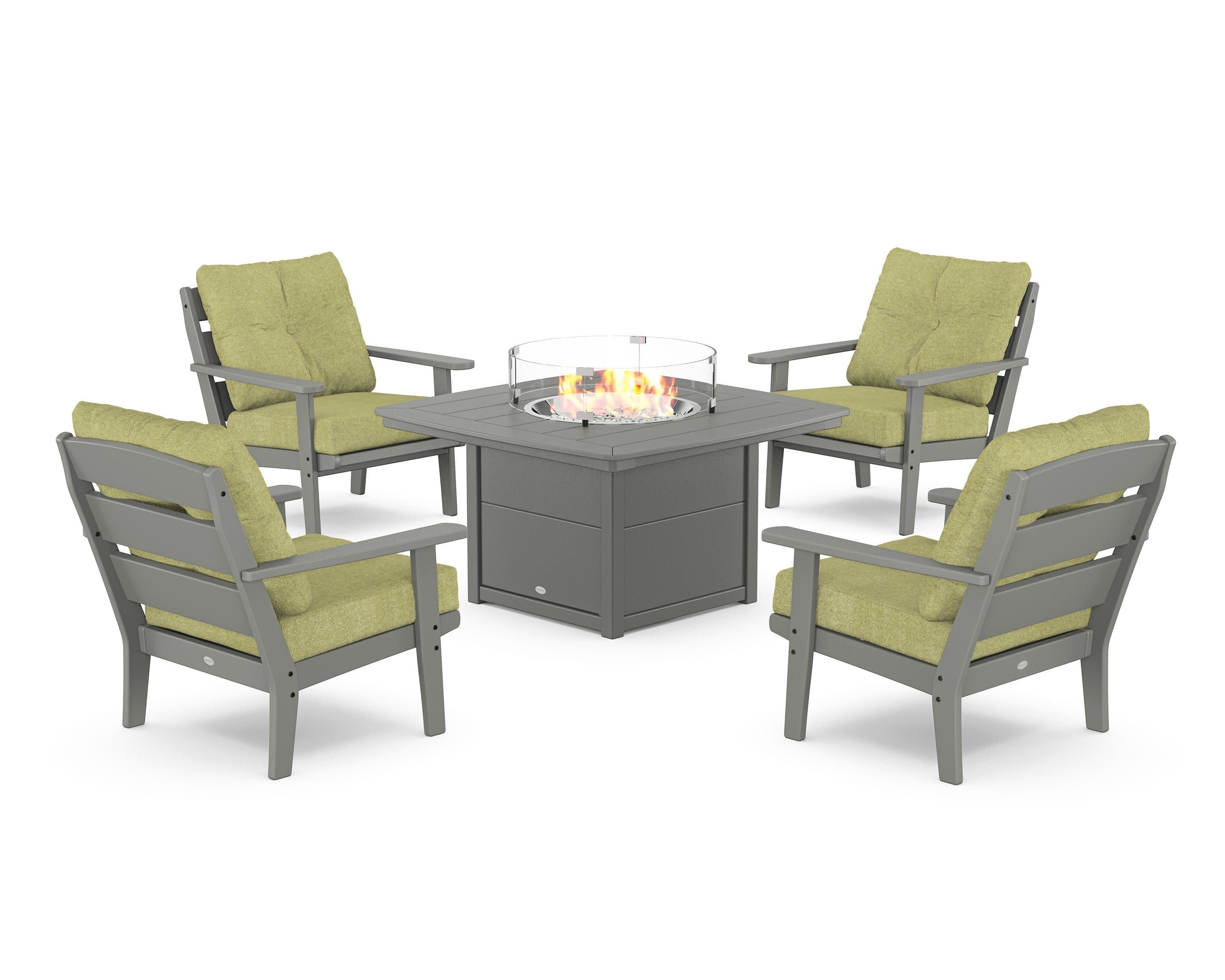 Lakeside 5-Piece Deep Seating Set with Nautical Fire Pit Table in Slate Grey / Chartreuse Boucle