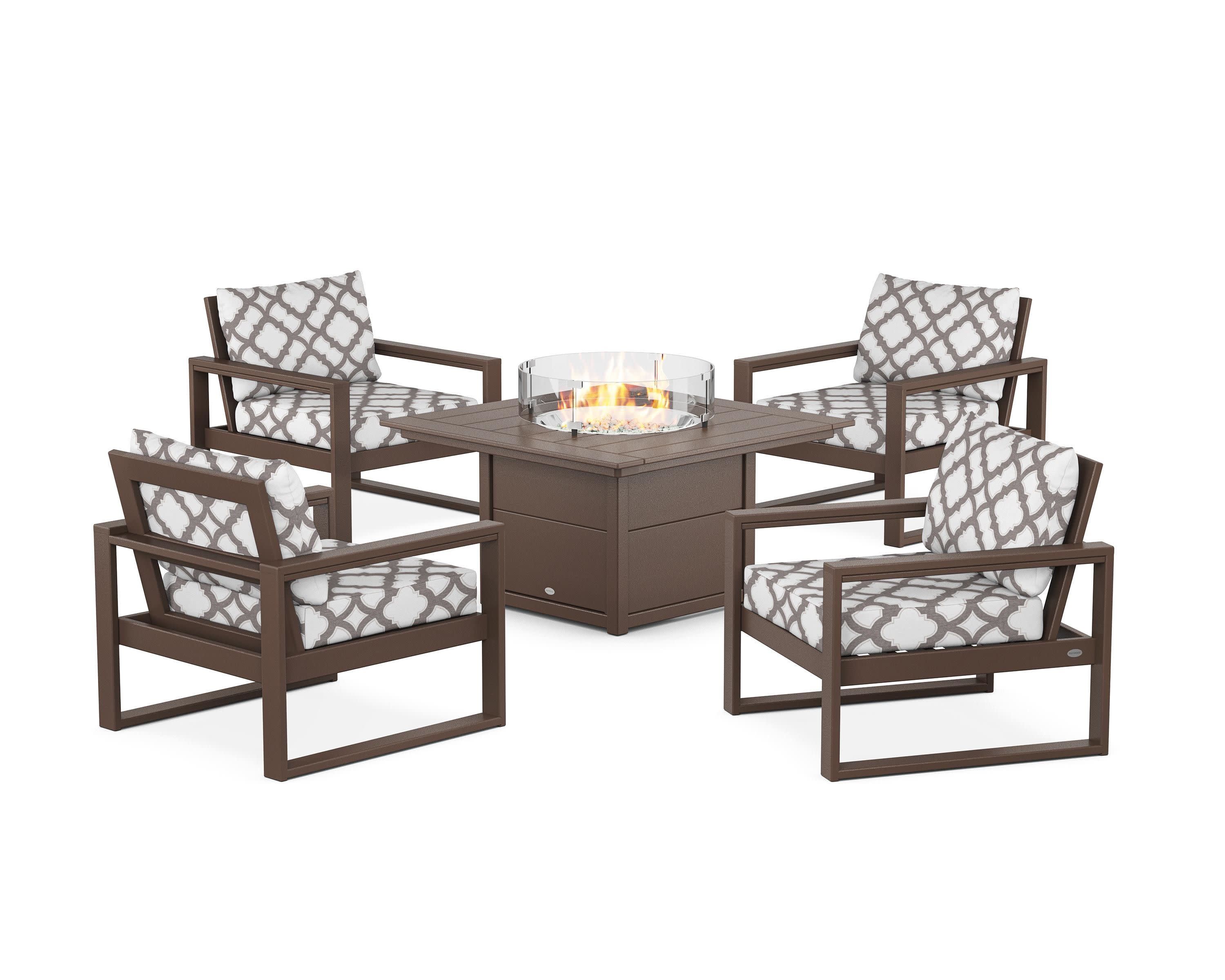 EDGE Sectional 5-Piece Deep Seating Set with Fire Pit Table in Mahogany / Trellis Grey Mist