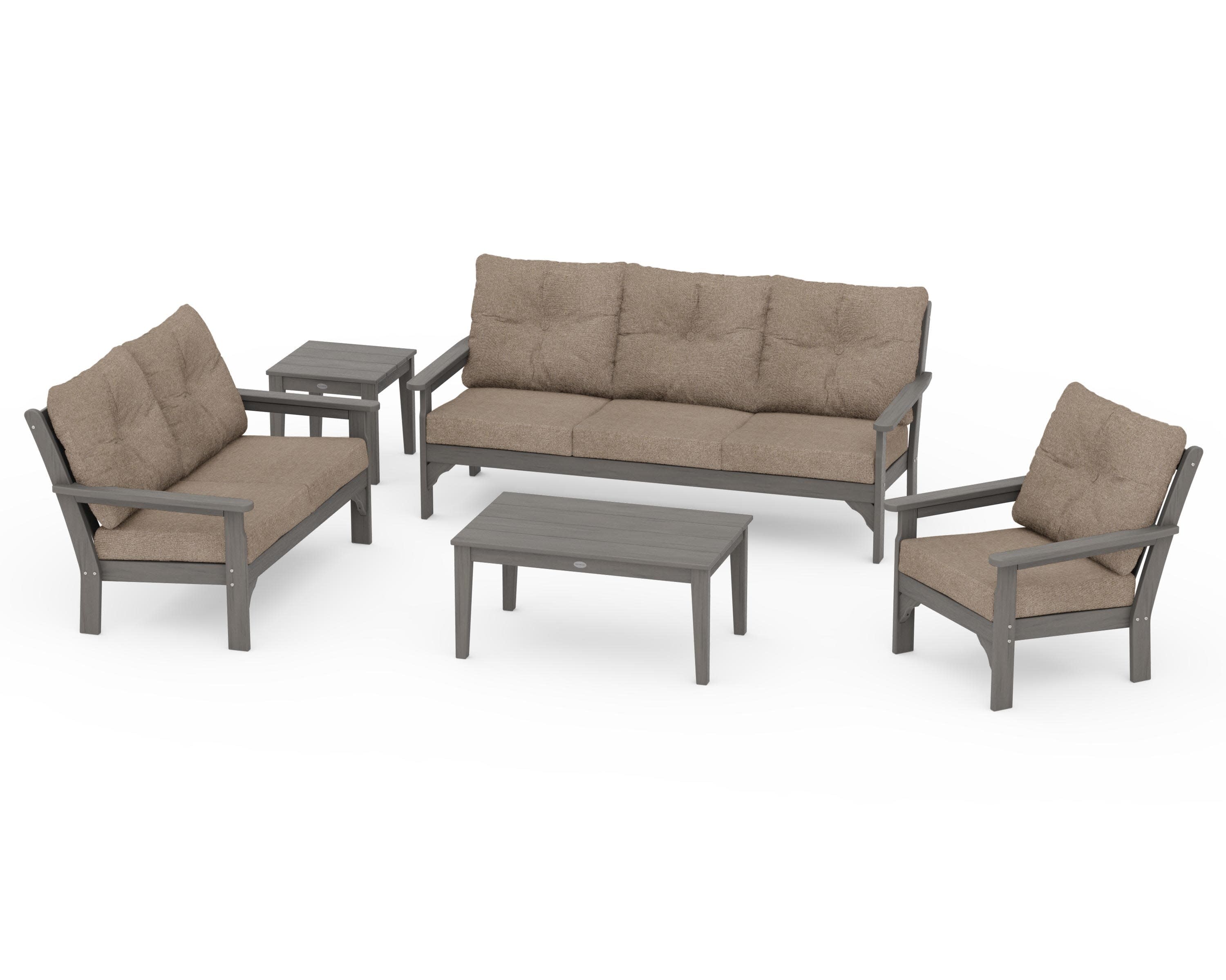 Vineyard 5 Piece Deep Seating Set in Driftwood / Spiced Burlap