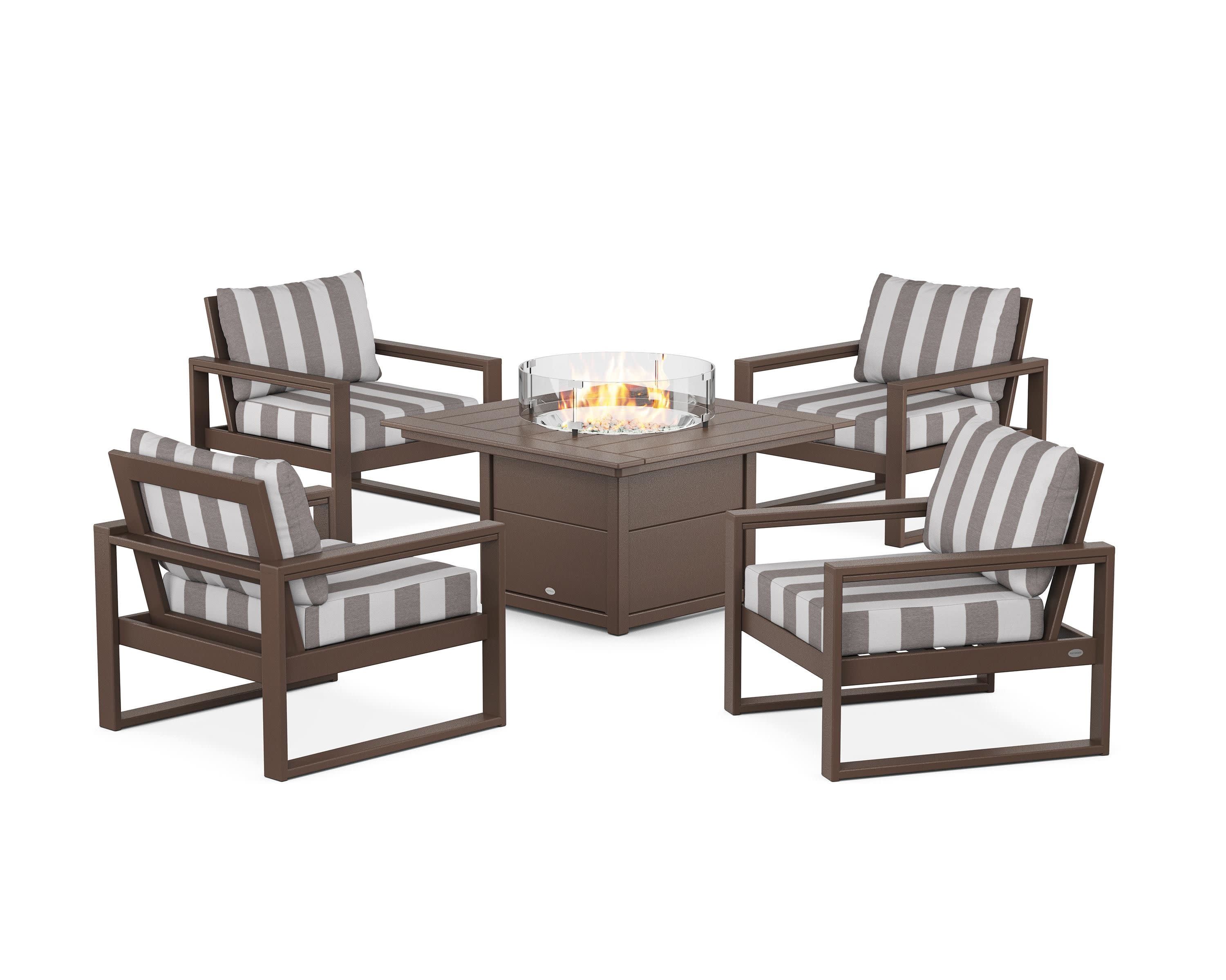 EDGE Sectional 5-Piece Deep Seating Set with Fire Pit Table in Mahogany / Cabana Stripe Grey Mist