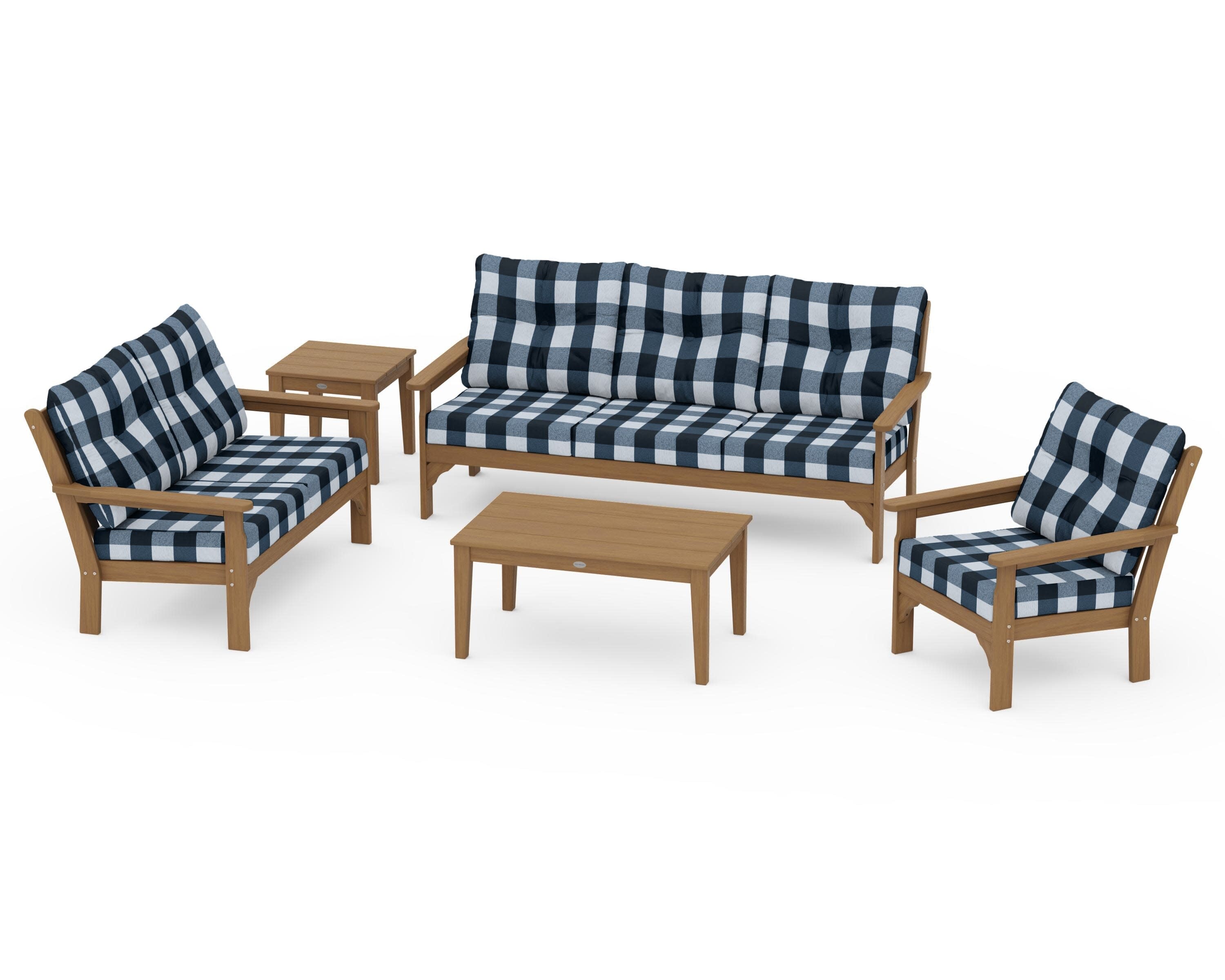 Vineyard 5 Piece Deep Seating Set in Natural / Buffalo Plaid Marine Indigo