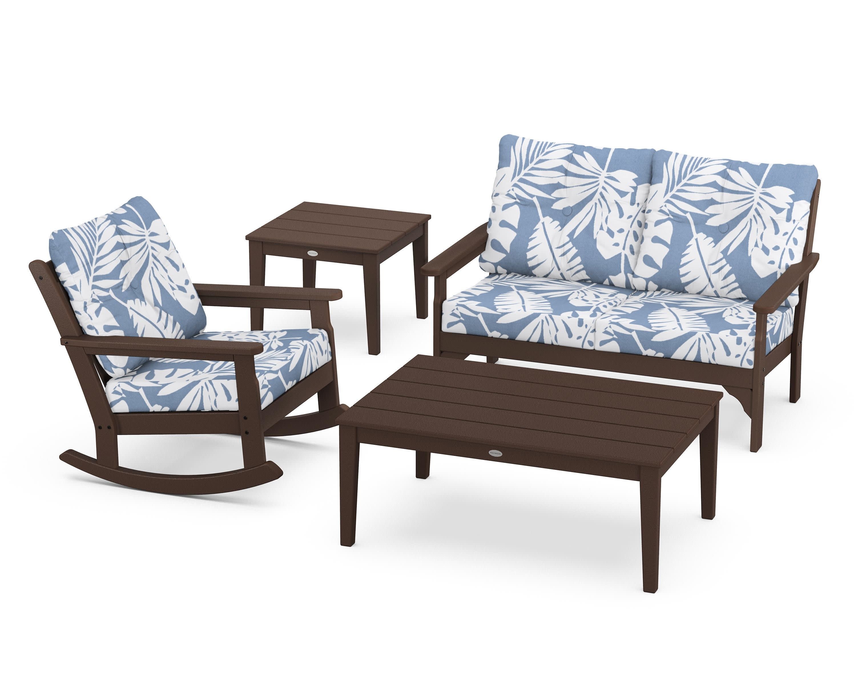 Vineyard 4-Piece Deep Seating Rocker Set in Mahogany / Leaf Sky Blue