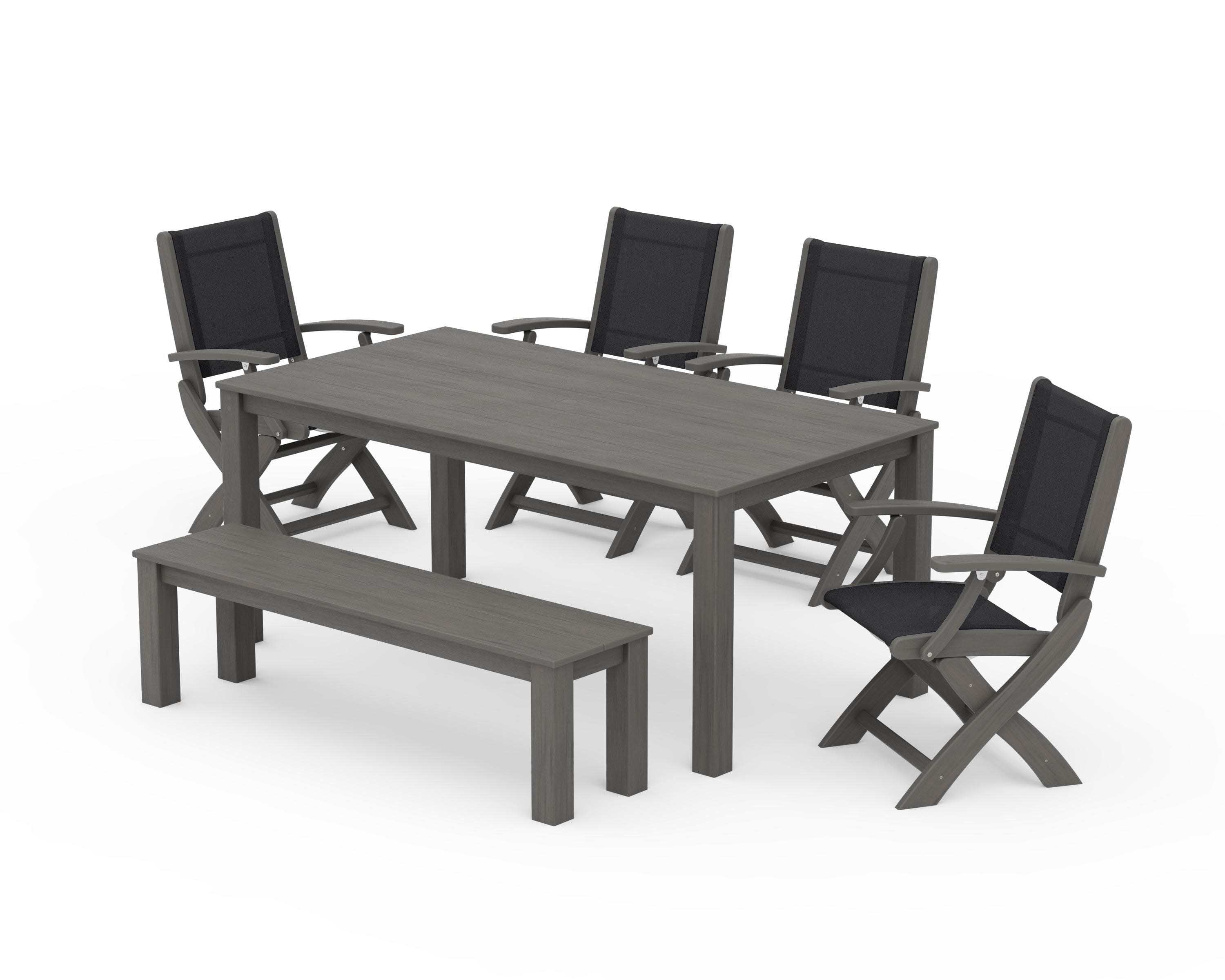 Coastal Folding Chair 6-Piece Parsons Dining Set with Bench in Driftwood / Black Sling