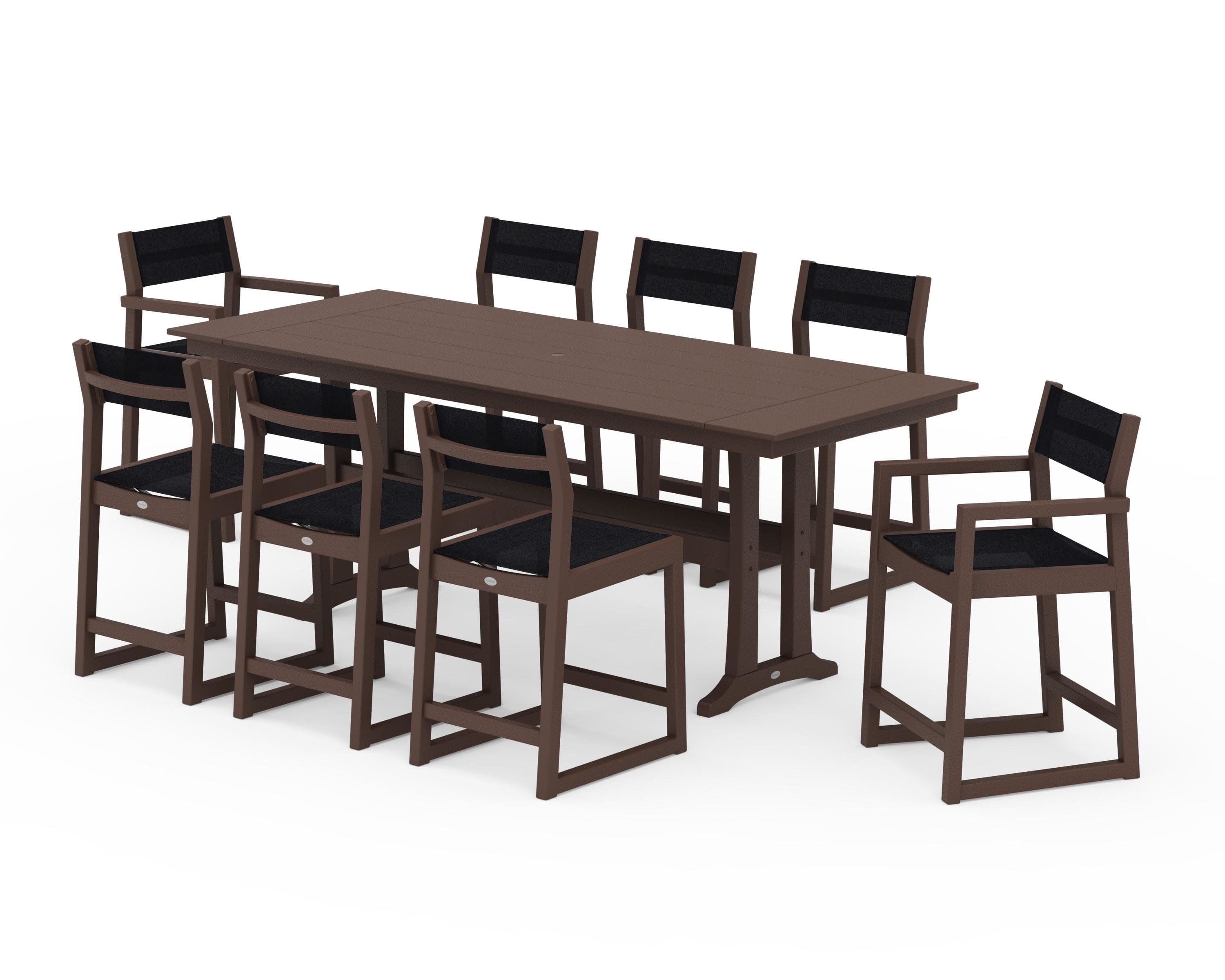 EDGE Sling 9-Piece Farmhouse Counter Set with Trestle Legs in Mahogany / Black Sling