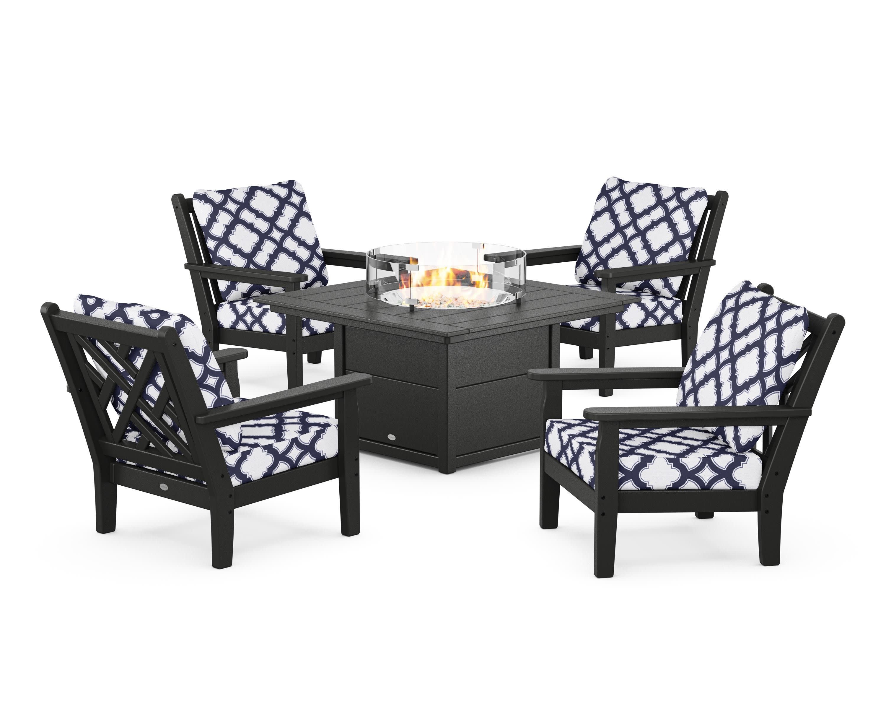 Chippendale 5-Piece Deep Seating Set with Fire Pit Table in Black / Trellis Navy