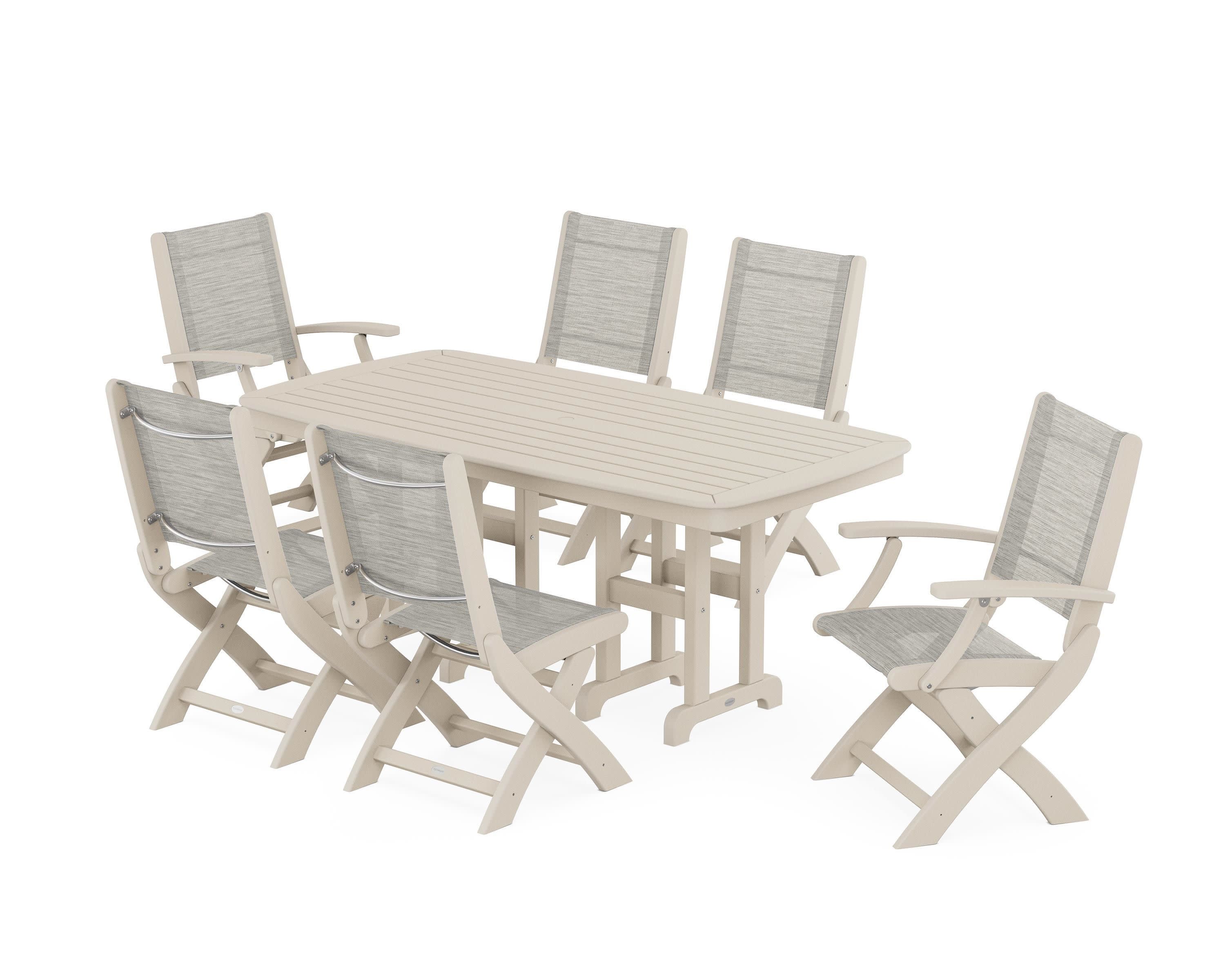 Coastal Folding Chair 7-Piece Dining Set in Sand / Birch Sling