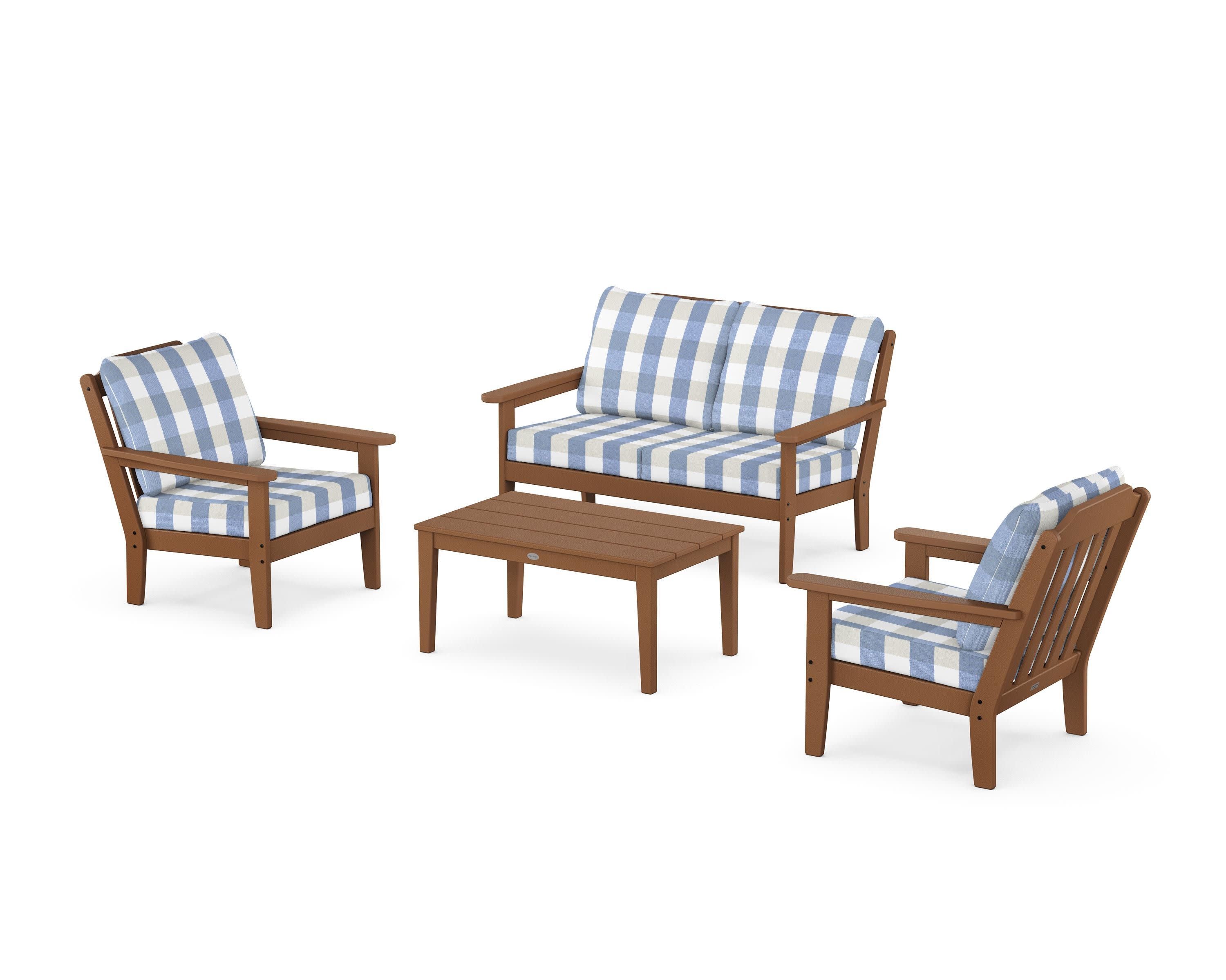 Cottage 4-Piece Deep Seating Set with Loveseat in Teak / Buffalo Plaid Sky Blue