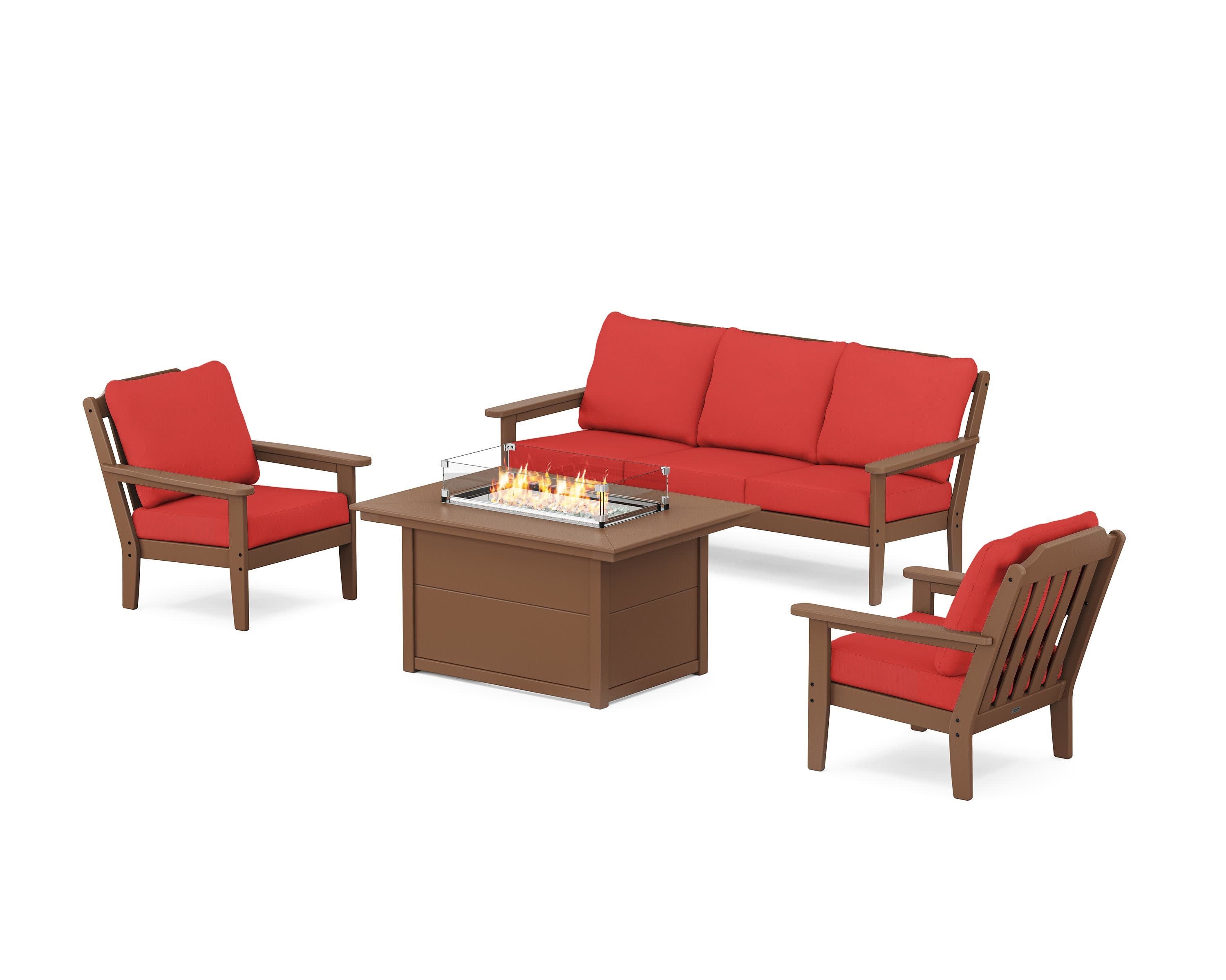 Cottage Deep Seating Fire Pit Table Set in Teak / Crimson Linen