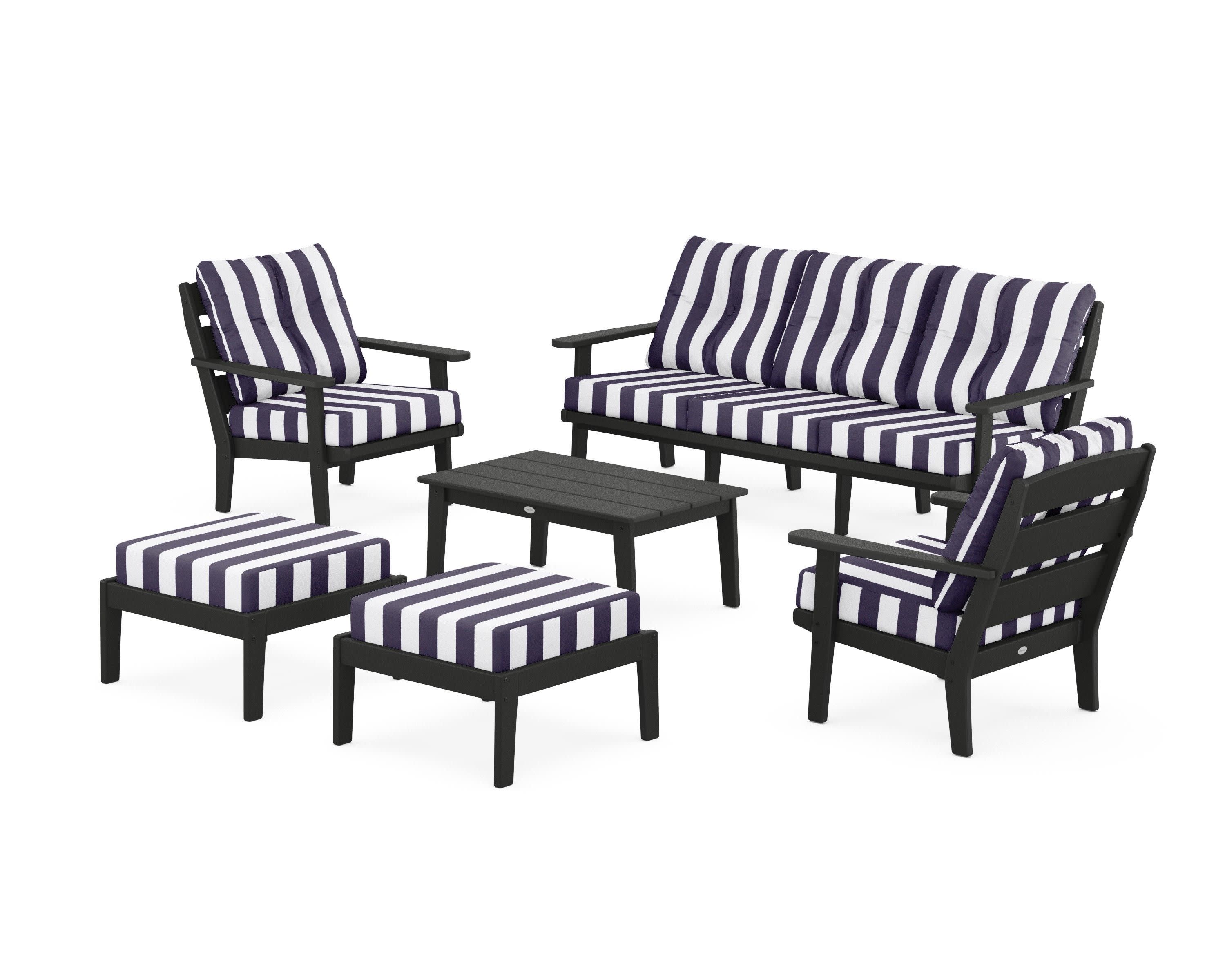 Lakeside 6-Piece Lounge Sofa Set in Black / Cabana Stripe Navy