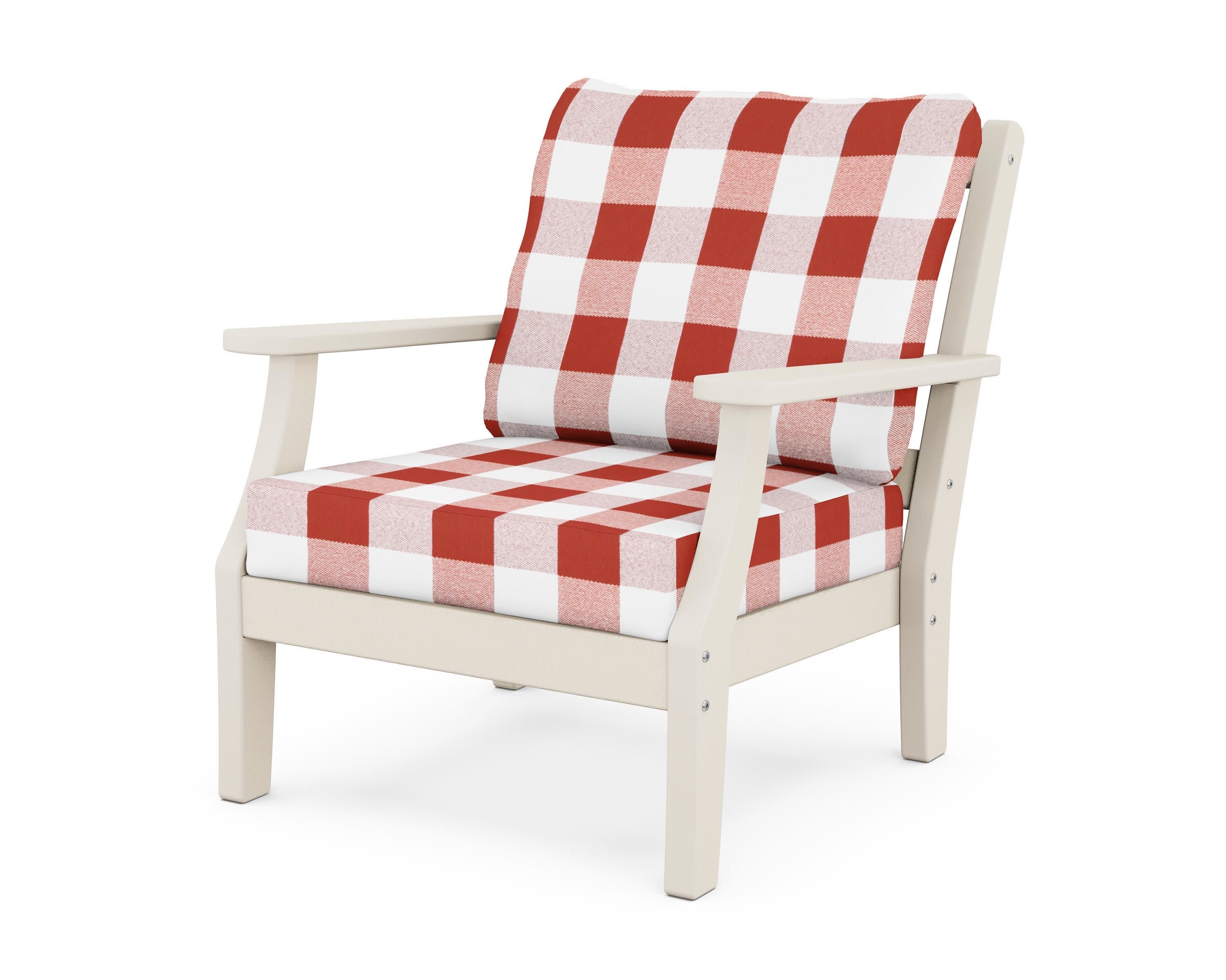 Chinoiserie Deep Seating Chair in Sand / Buffalo Plaid Crimson