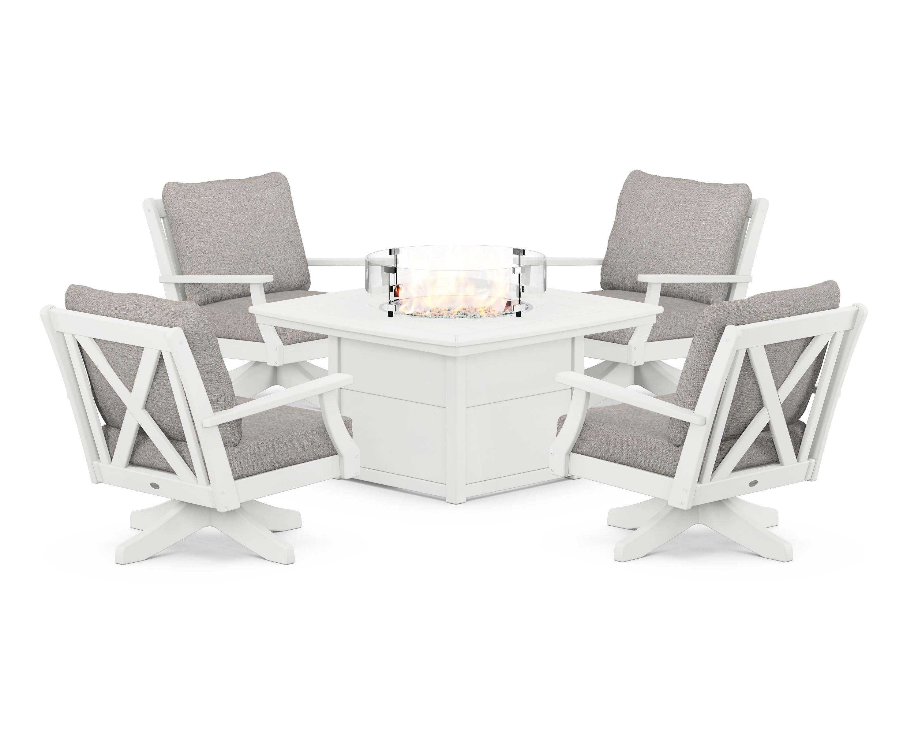 Braxton 5-Piece Deep Seating Swivel Conversation Set with Fire Pit Table in White / Weathered Tweed