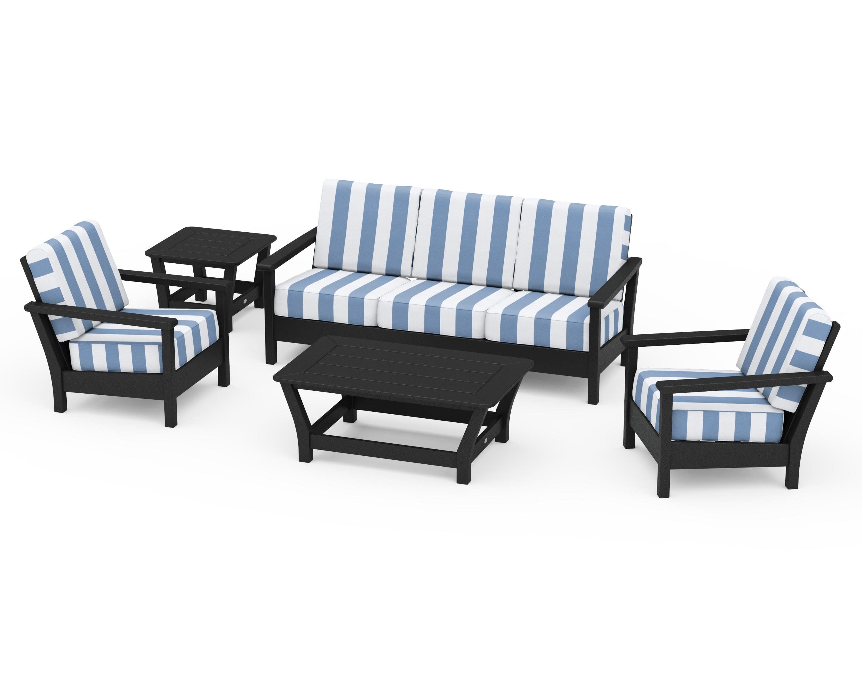 Harbour 5-Piece Deep Seating Set in Black / Cabana Stripe Sky Blue