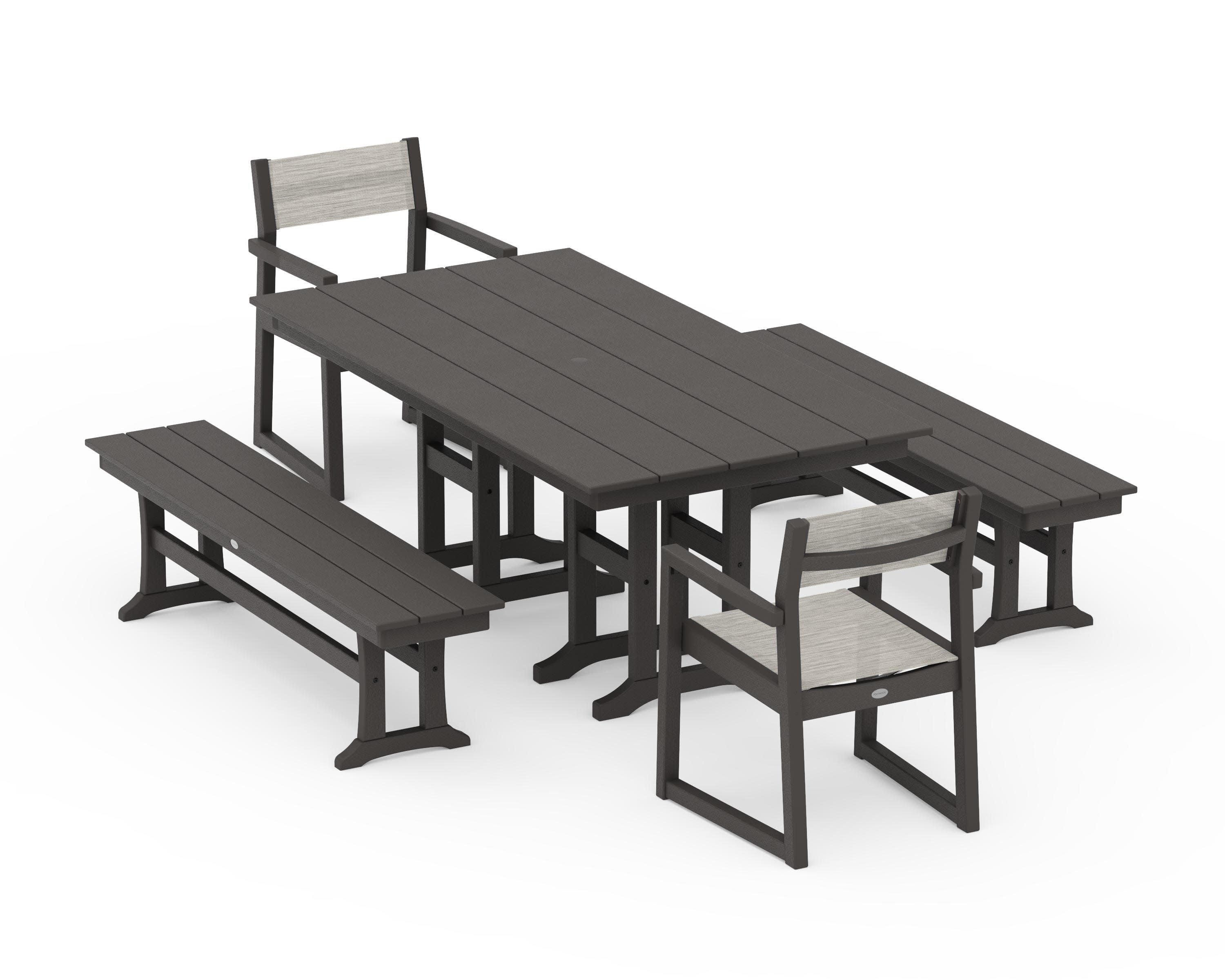 EDGE Sling Arm Chair 5-Piece Farmhouse Dining Set with Benches in Vintage Coffee / Birch Sling