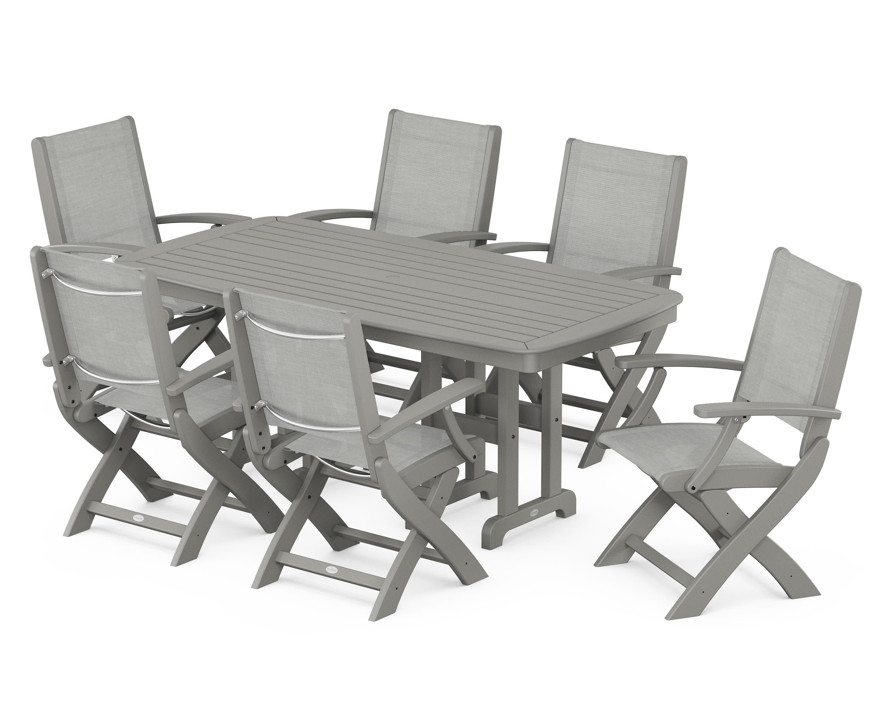 Coastal Folding Arm Chair 7-Piece Dining Set in Slate Grey / Metallic Sling
