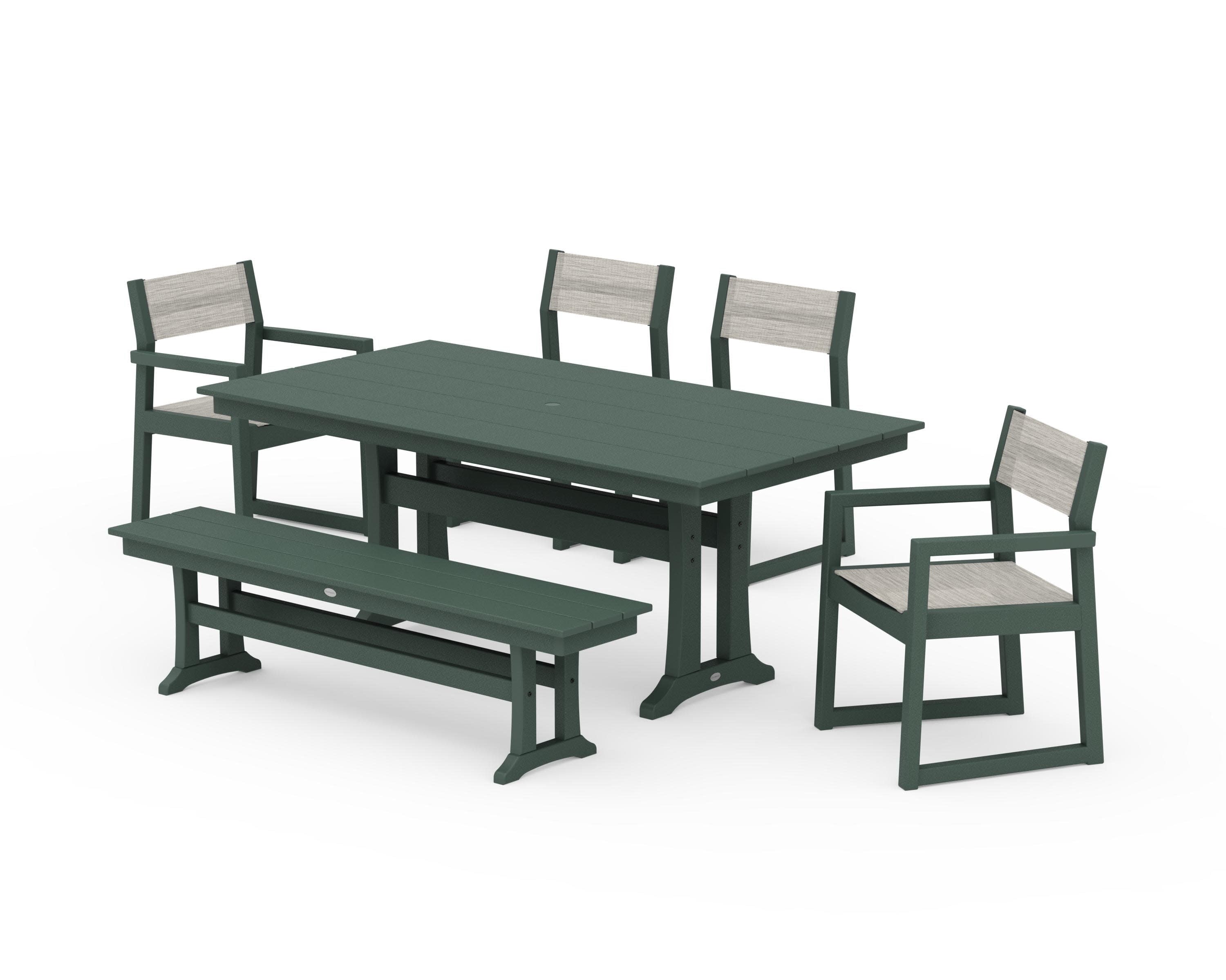 EDGE Sling 6-Piece Farmhouse Dining Set With Trestle Legs in Green / Birch Sling