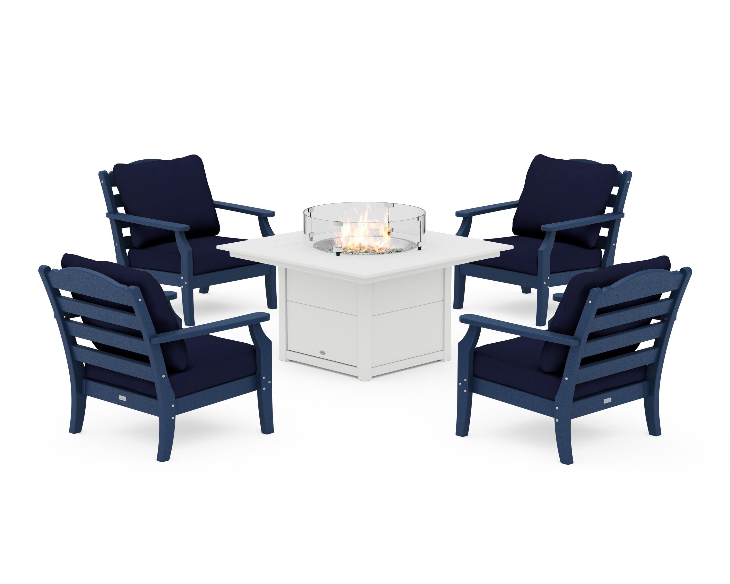 Savannah 5-Piece Deep Seating Set with Fire Pit Table in Navy / Navy