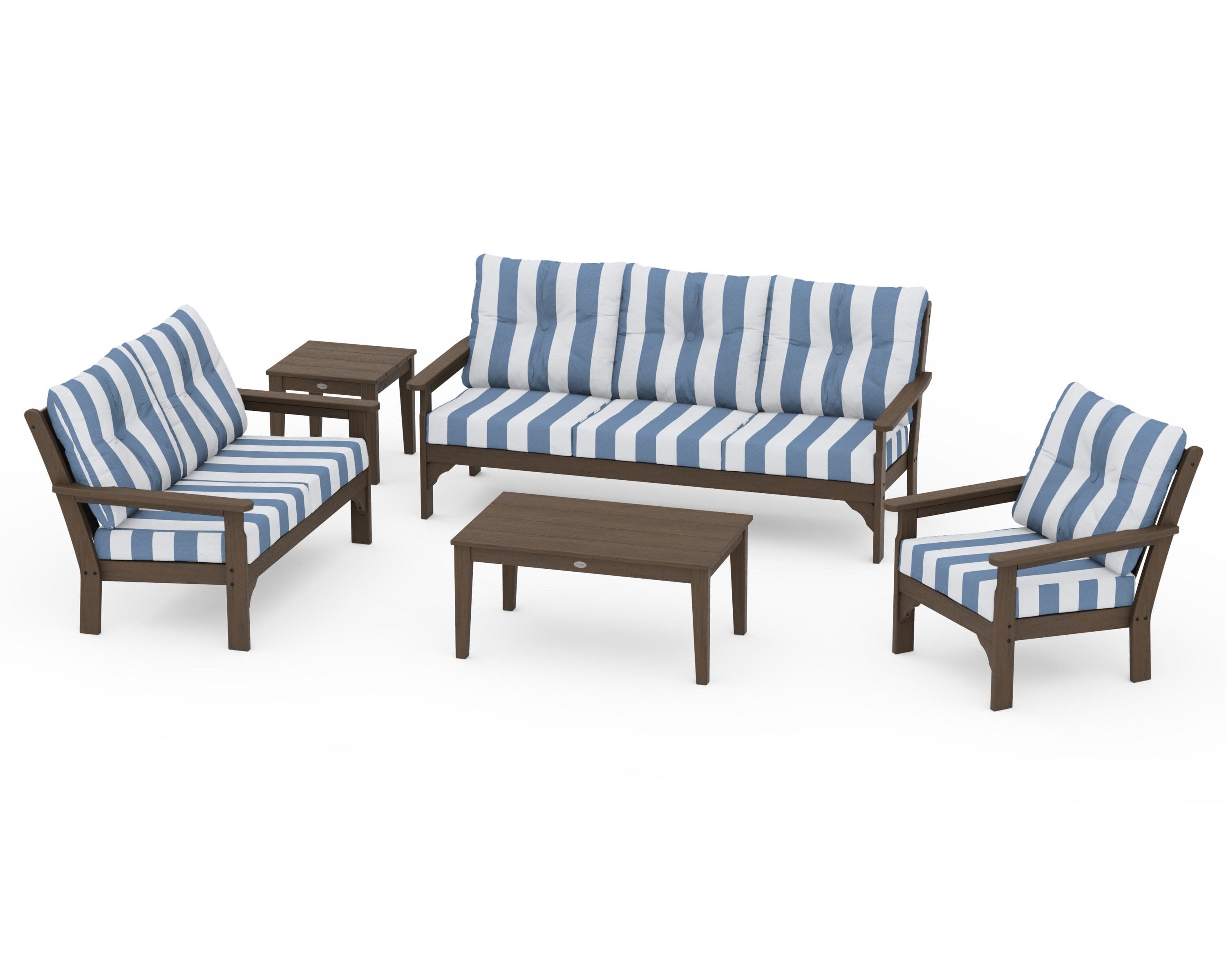 Vineyard 5 Piece Deep Seating Set in Kona / Cabana Stripe Sky Blue