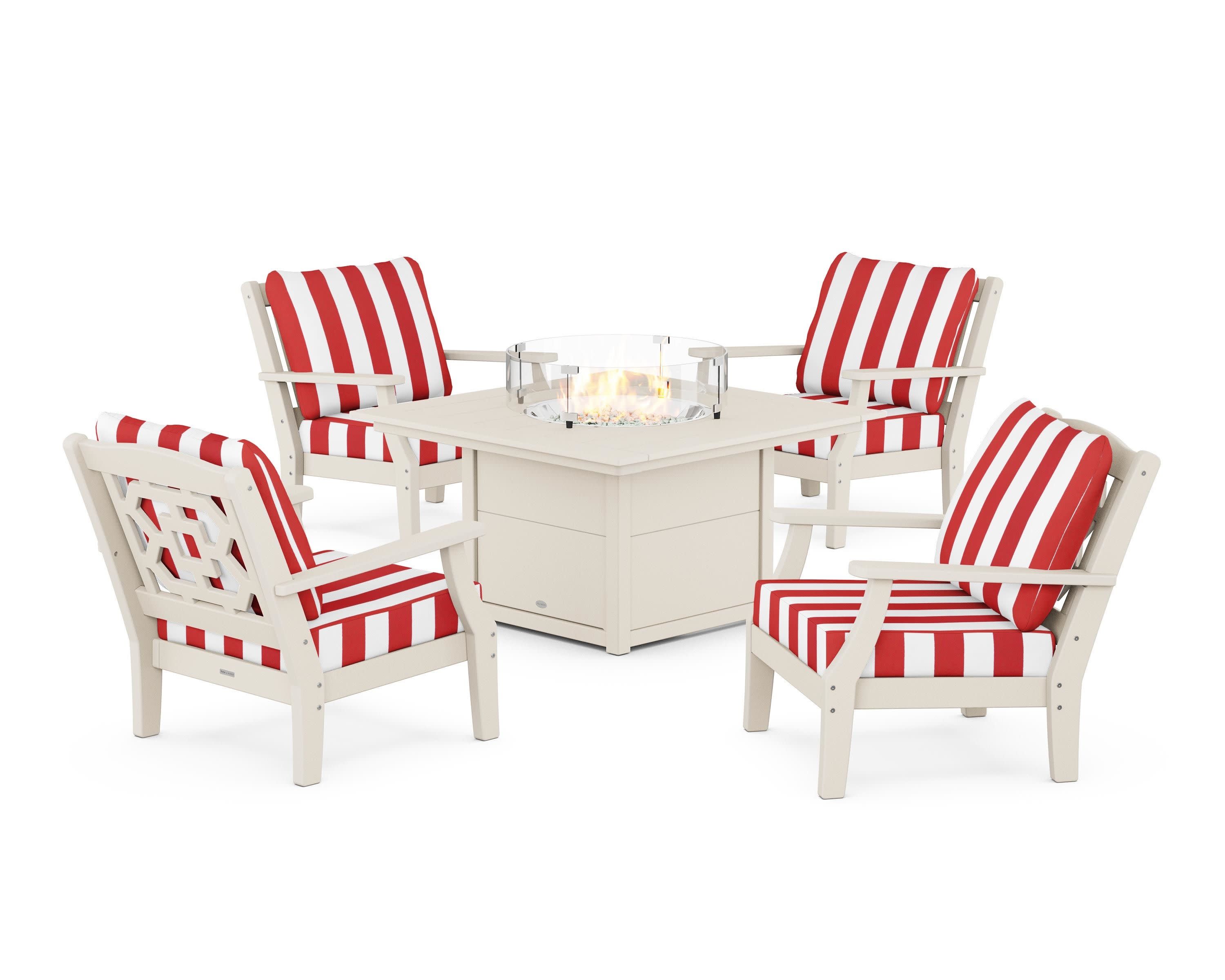 Chinoiserie 5-Piece Deep Seating Set with Fire Pit Table in Sand / Cabana Stripe Crimson