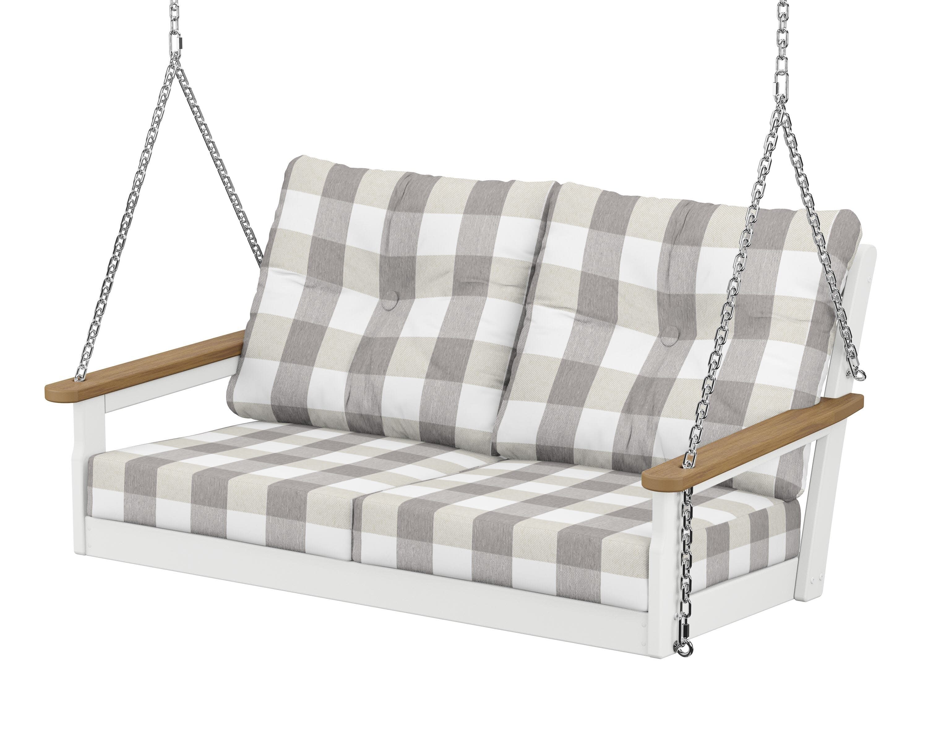 Vineyard Deep Seating Swing in White / Natural / Buffalo Plaid Grey Mist