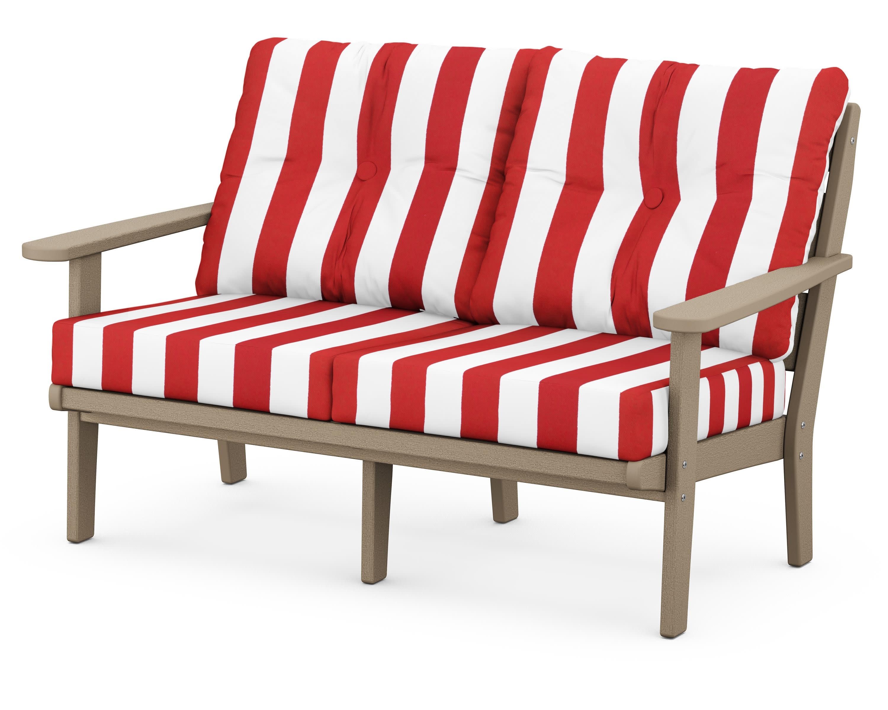 Lakeside Deep Seating Loveseat in Vintage Sahara / Cabana Stripe Crimson