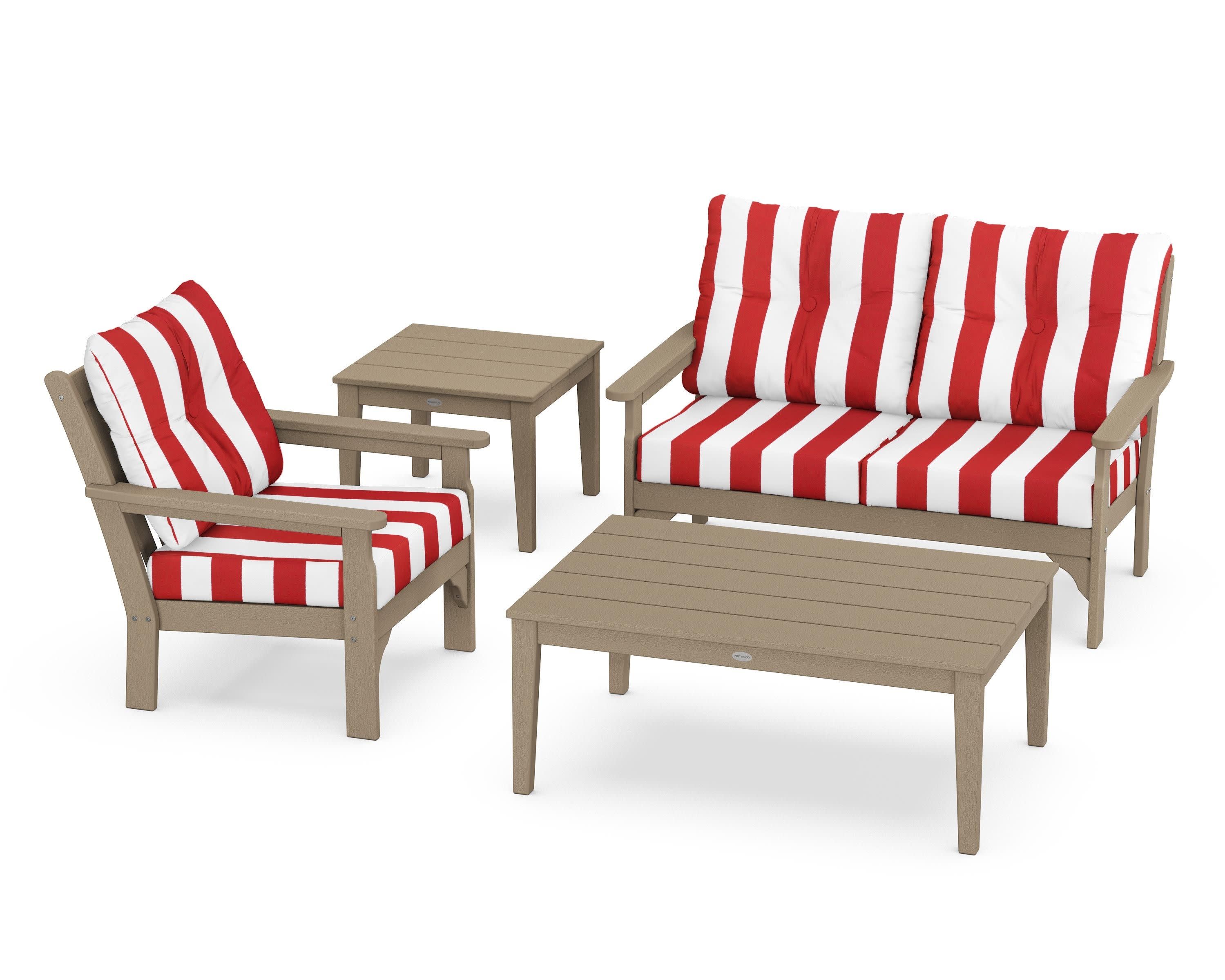 Vineyard 4-Piece Deep Seating Set in Vintage Sahara / Cabana Stripe Crimson
