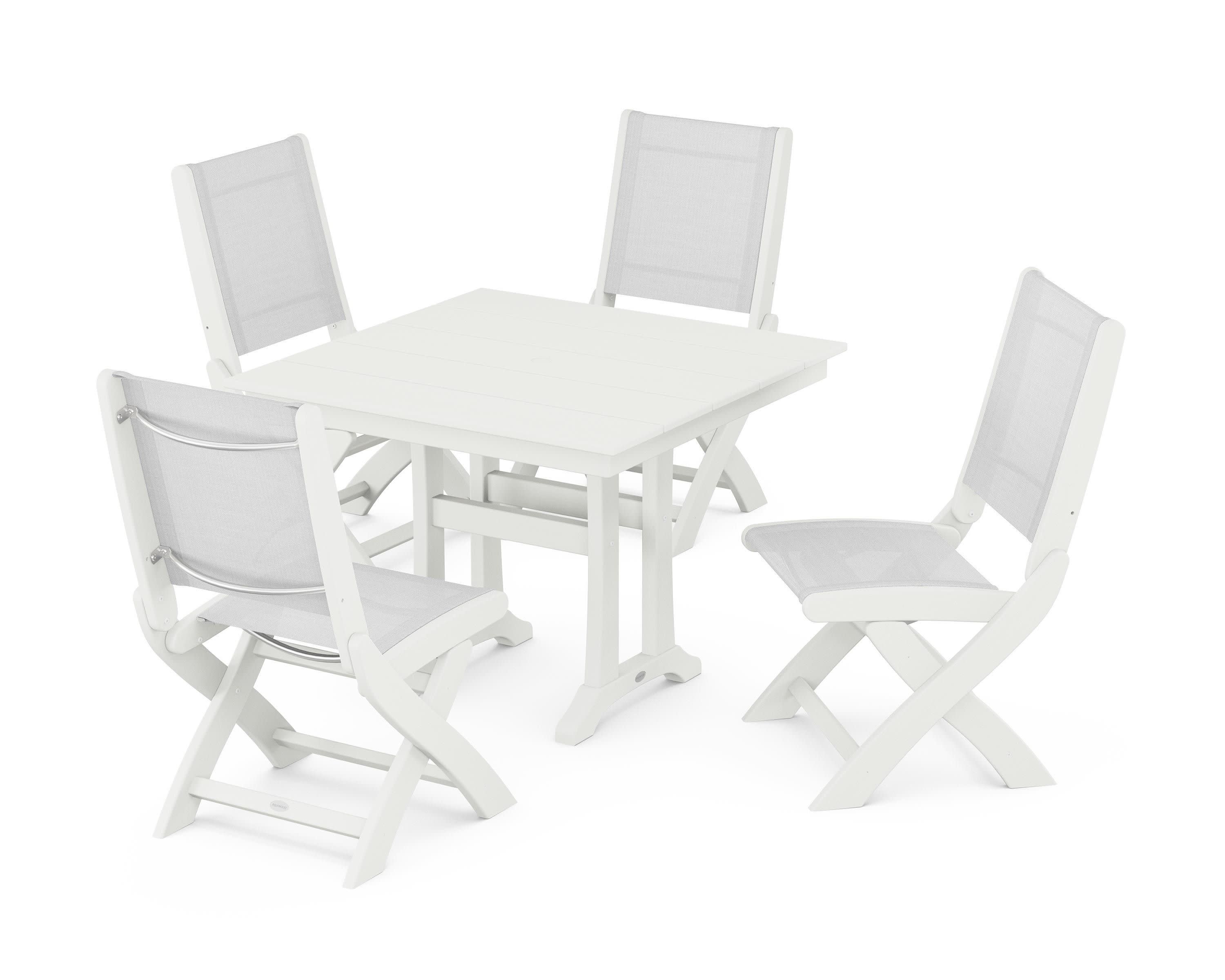 Coastal Folding Side Chair 5-Piece Farmhouse Dining Set With Trestle Legs in Vintage White / White Sling