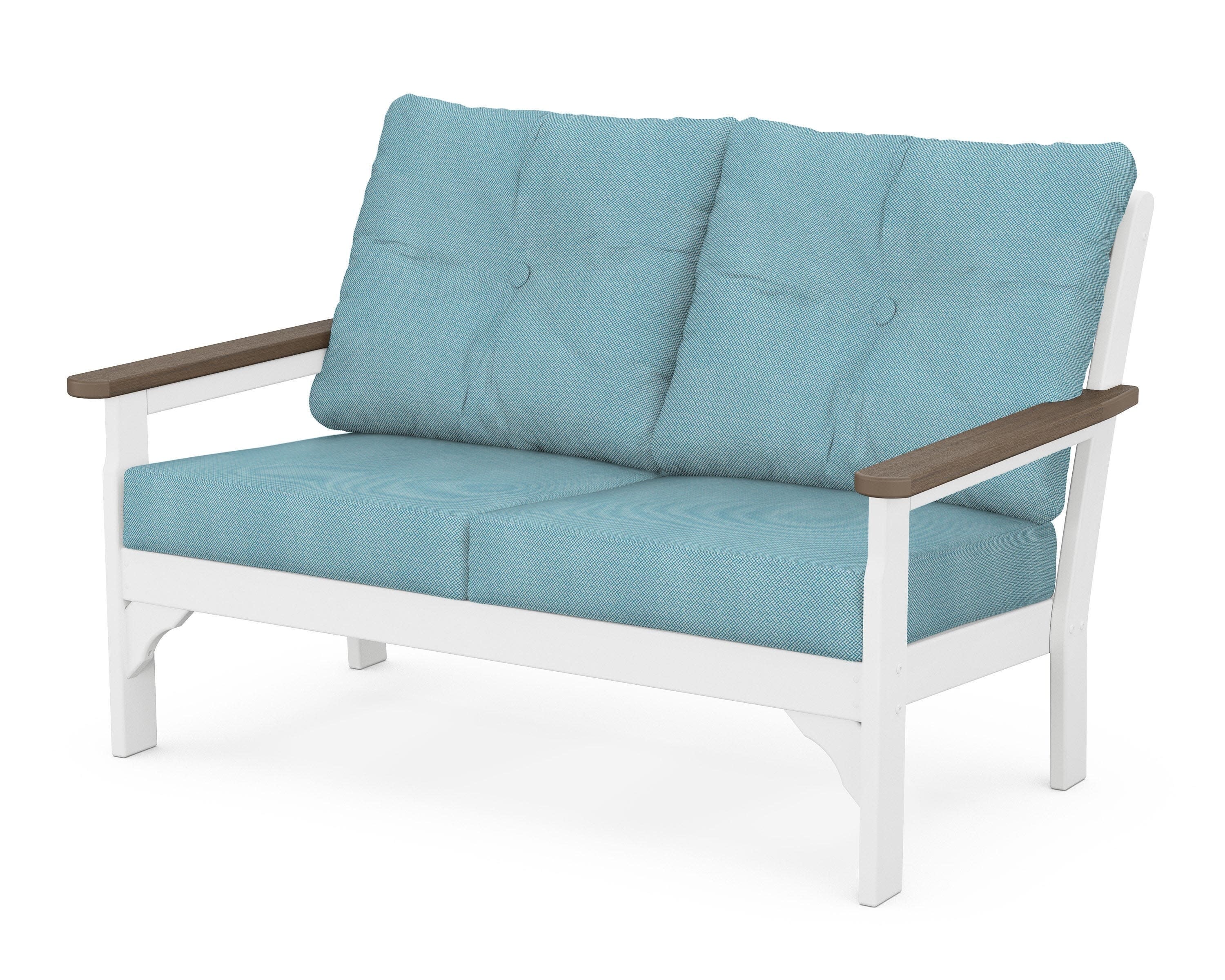 Vineyard Deep Seating Loveseat in White / Kona / Lattice Sky Blue
