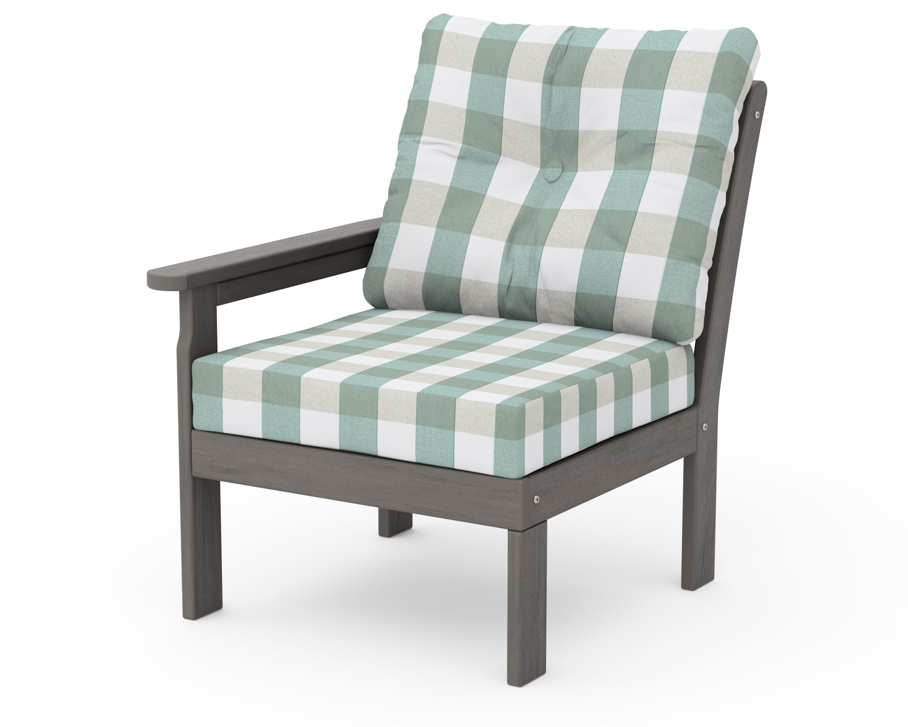 Vineyard Modular Left Arm Chair in Driftwood / Buffalo Plaid Glacier Spa
