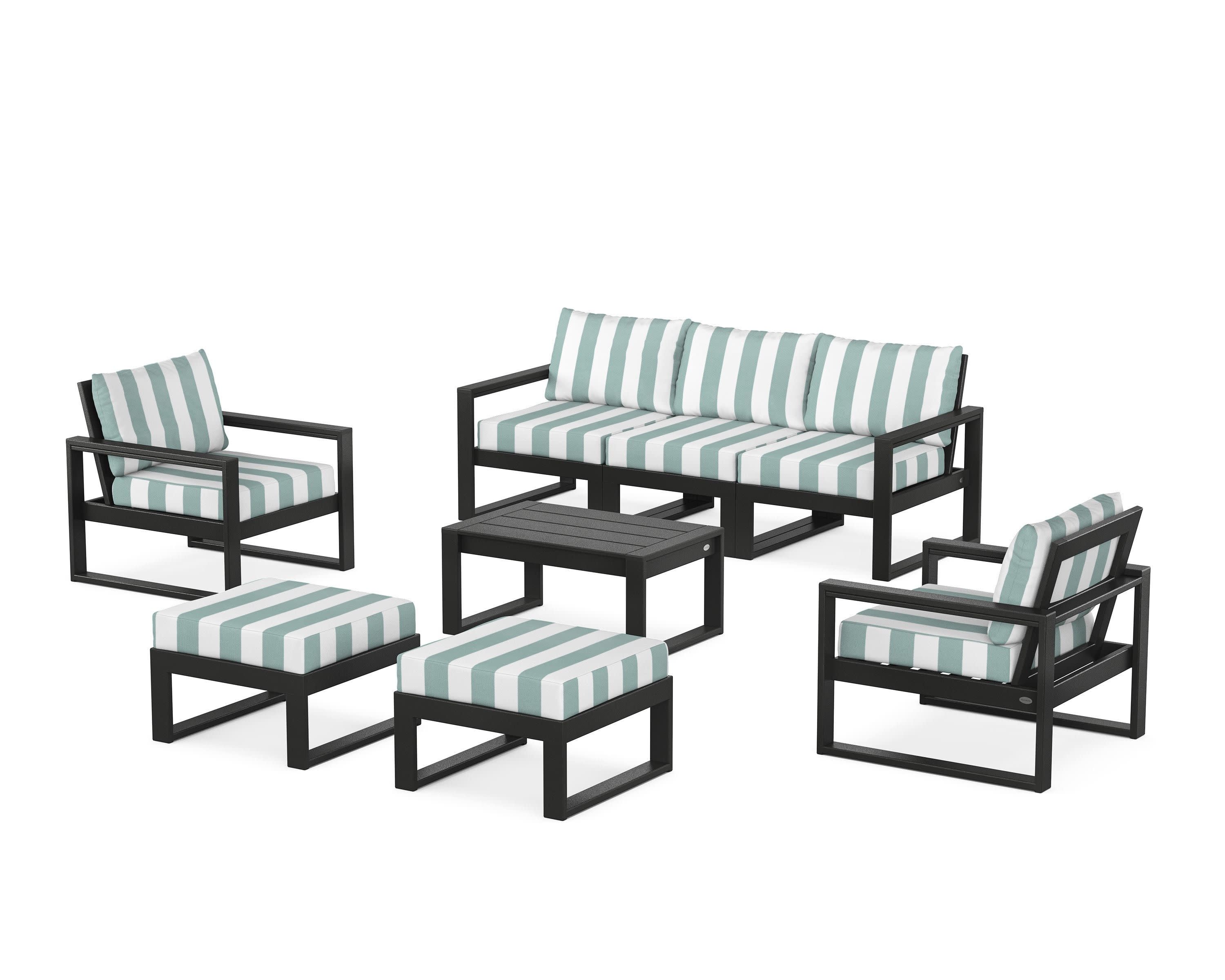 EDGE Sectional 8-Piece Lounge Sofa Set in Black / Cabana Stripe Glacier Spa