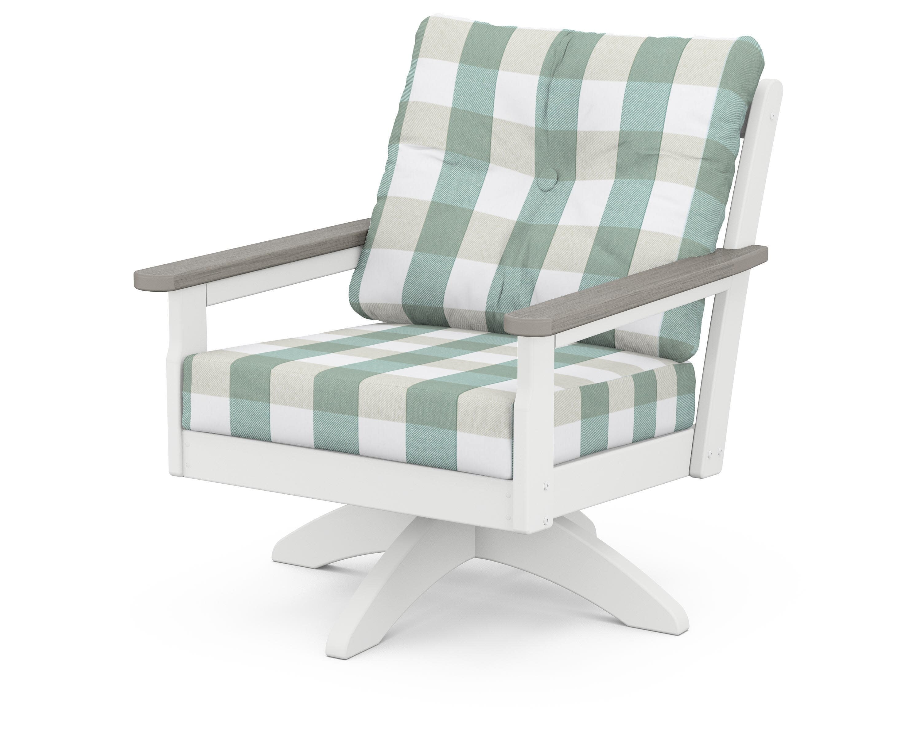 Vineyard Deep Seating Swivel Chair in White / Driftwood / Buffalo Plaid Glacier Spa
