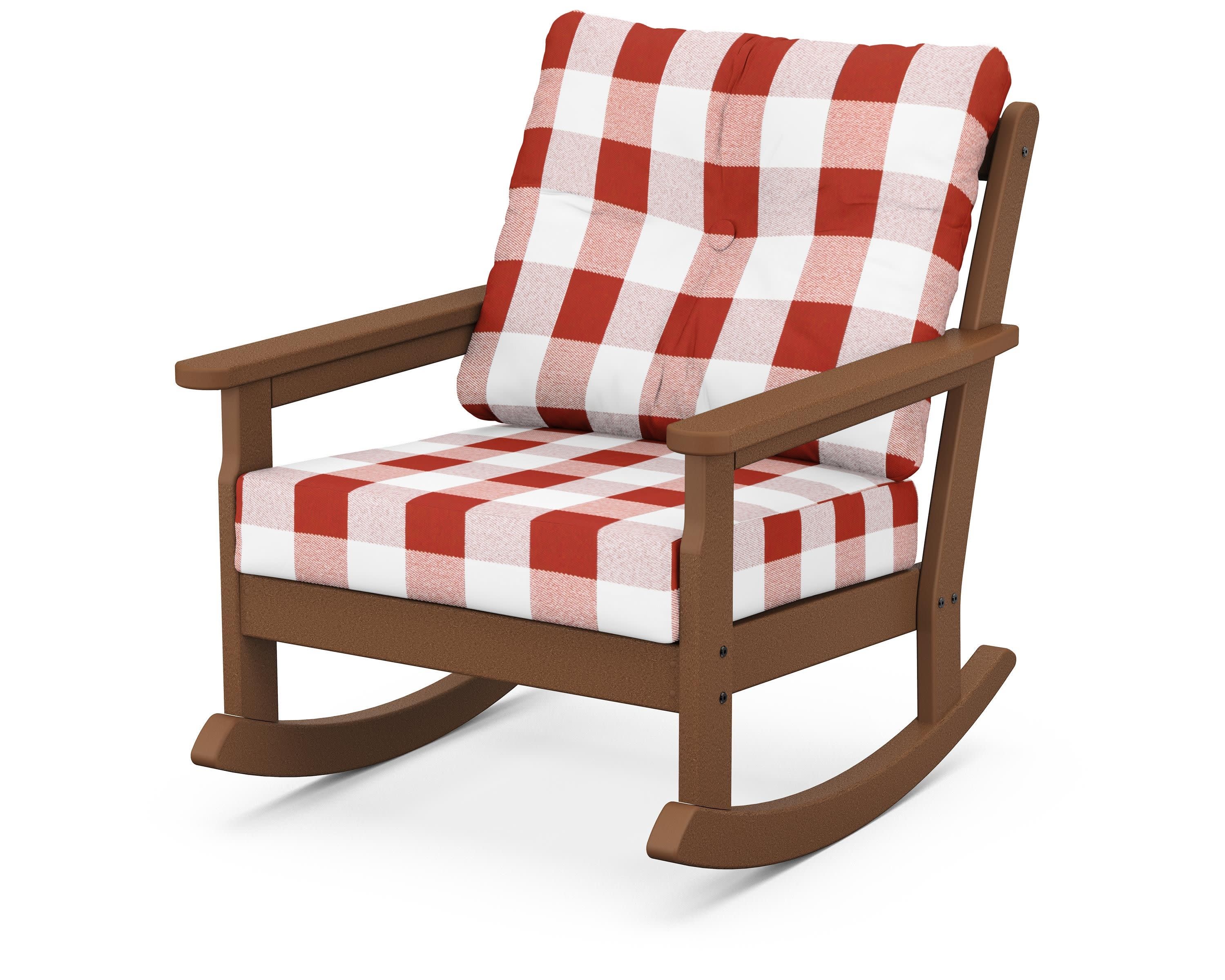 Vineyard Deep Seating Rocking Chair in Teak / Buffalo Plaid Crimson