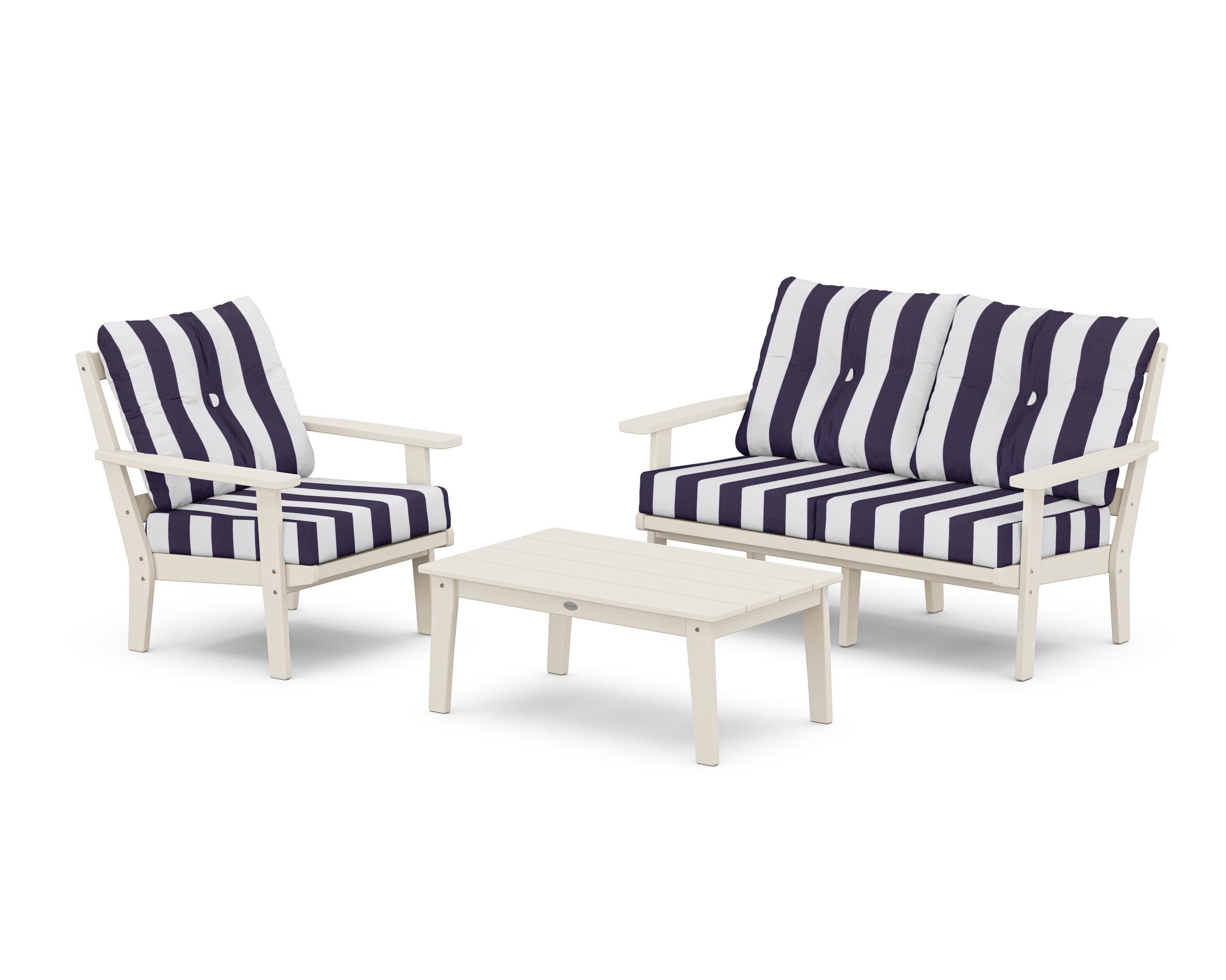 Oxford 3-Piece Deep Seating Set with Loveseat in Sand / Cabana Stripe Navy