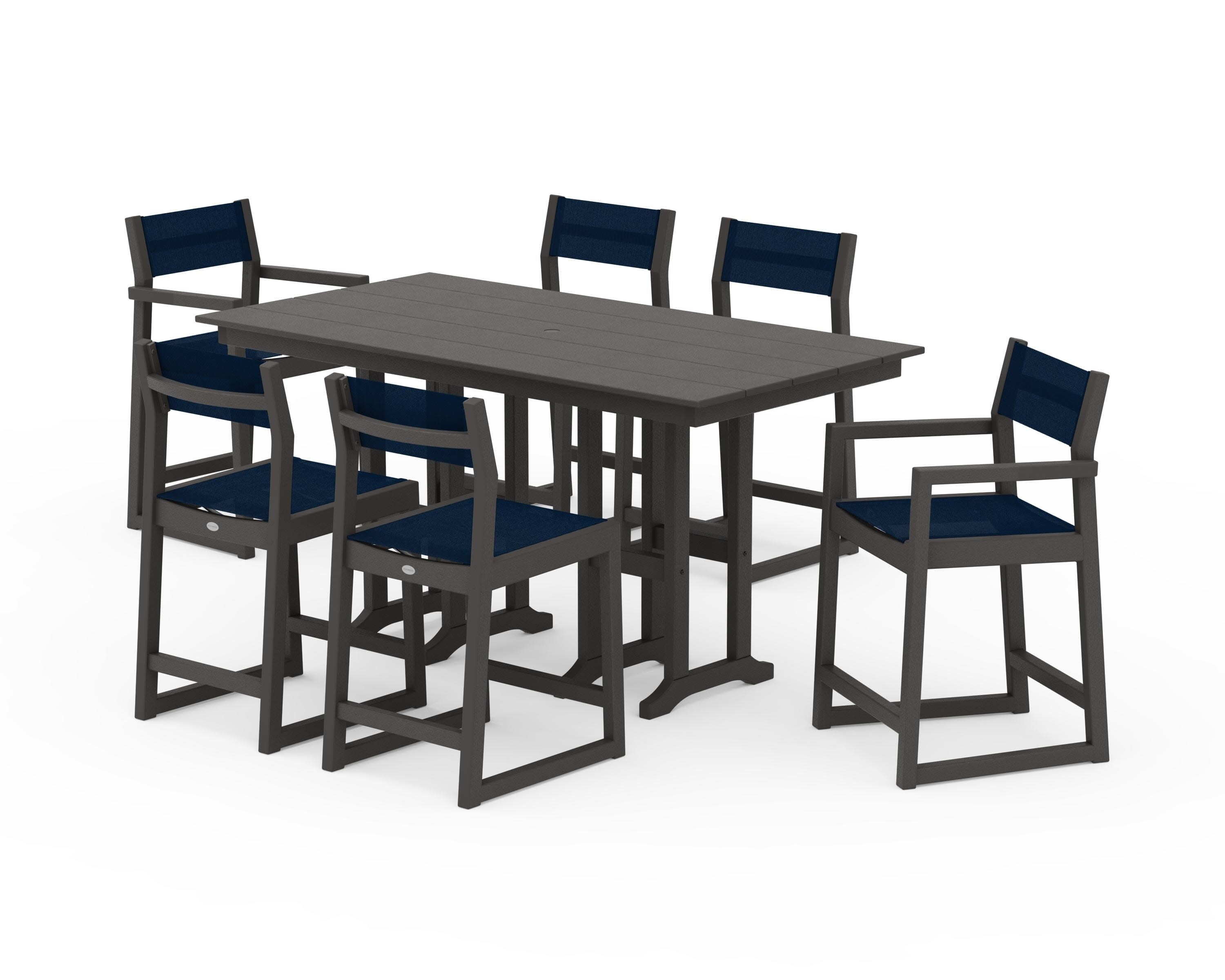 EDGE Sling 7-Piece Farmhouse Counter Set with Trestle Legs in Vintage Coffee / Navy Blue Sling