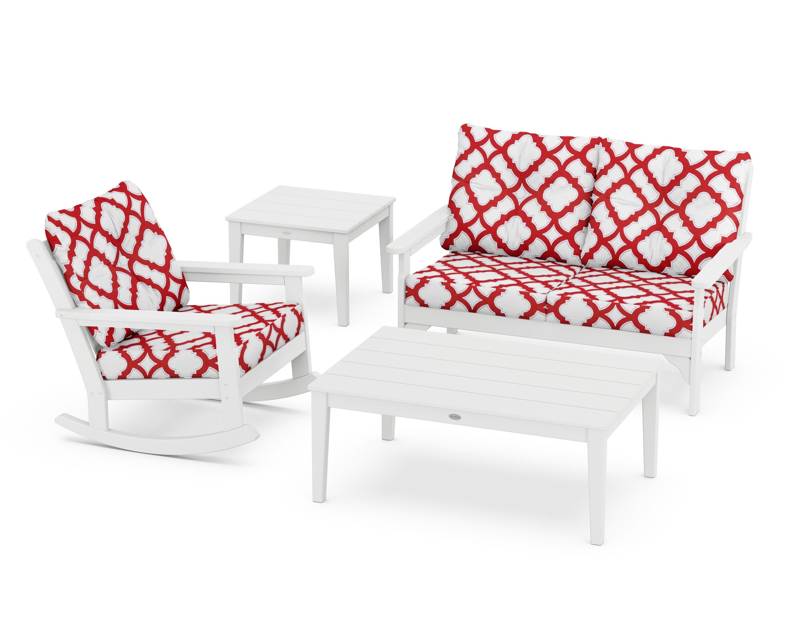Vineyard 4-Piece Deep Seating Rocker Set in White / Trellis Crimson