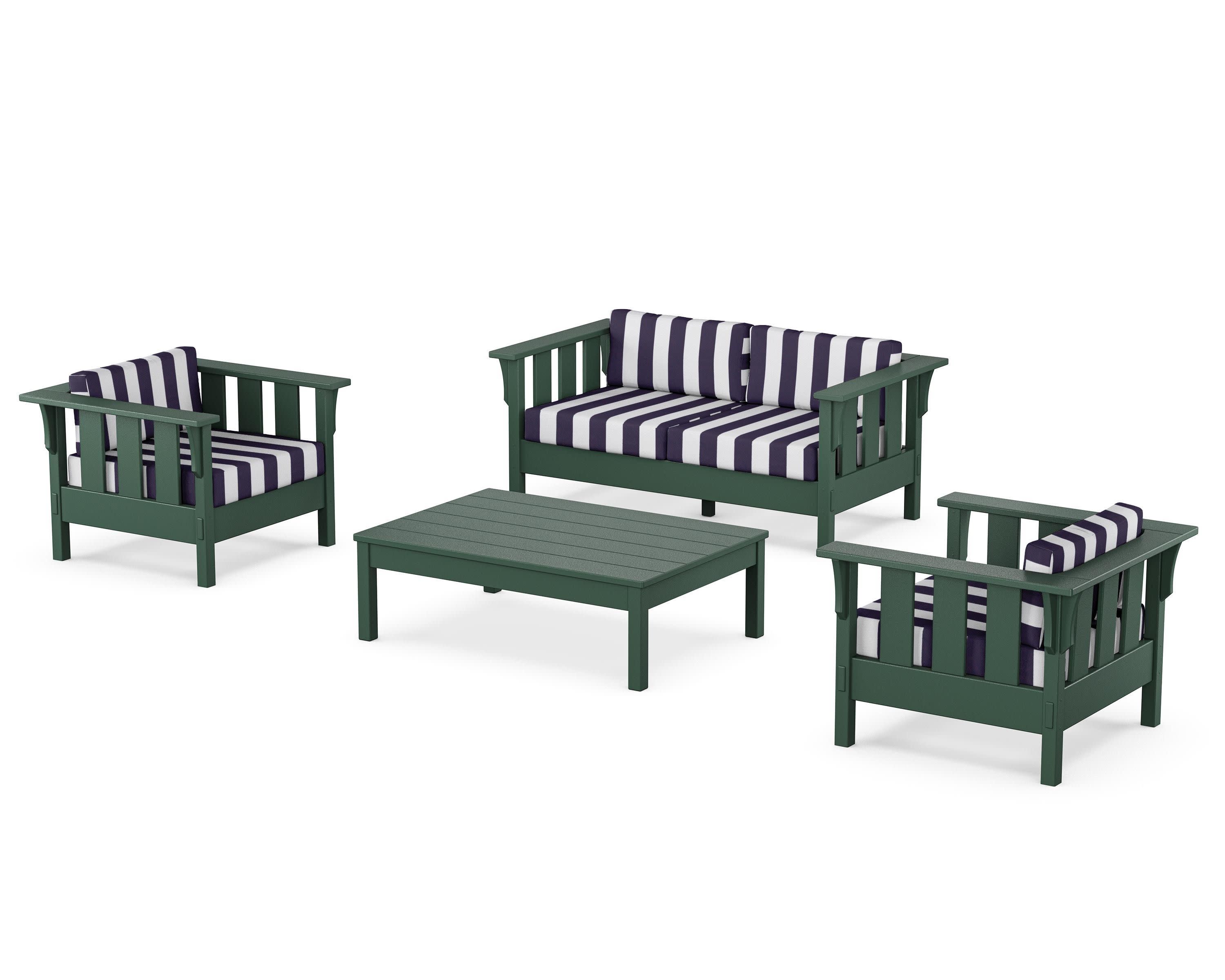 Acadia 4-Piece Deep Seating Set with Loveseat in Green / Cabana Stripe Navy